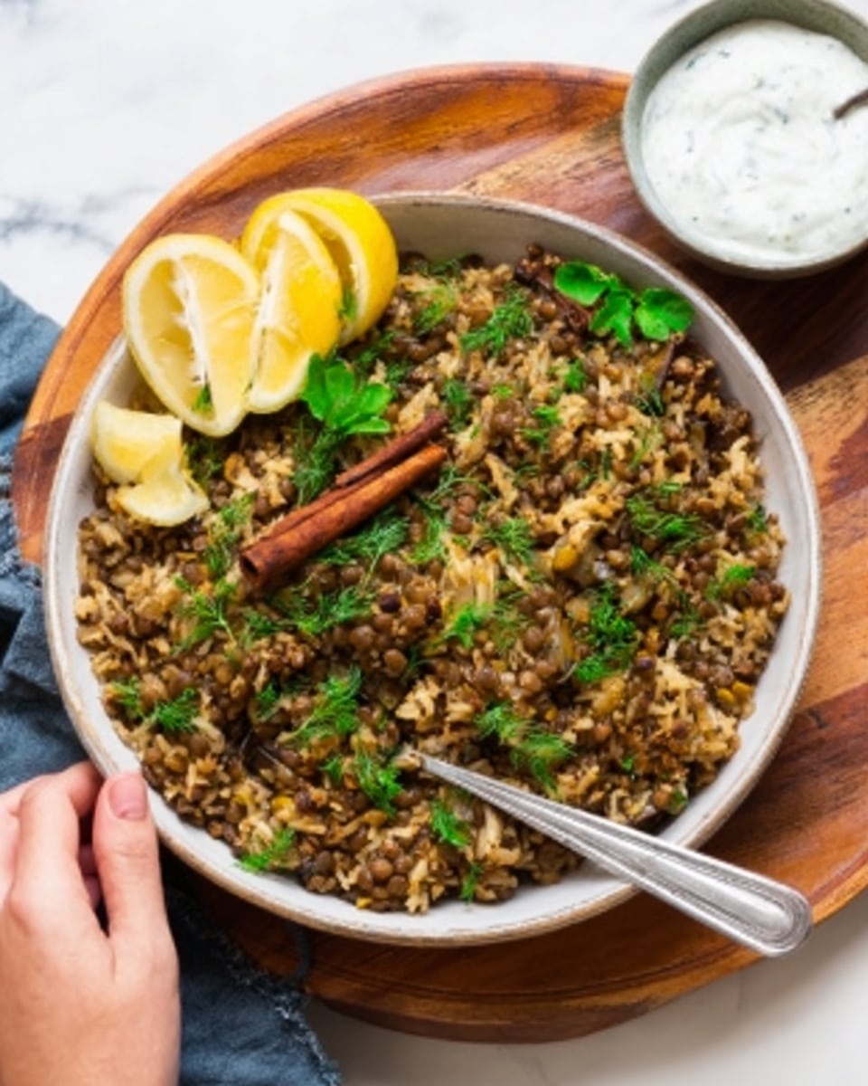 A white bowl filled with a layer of cooked rice mixed with small green herbs and spices, topped with a brown cinnamon stick placed diagonally on the right side, and two yellow lemon wedges on the right edge. The rice has a fluffy texture with some visible grains and scattered green bits. A silver spoon rests on the left side of the bowl, and the bowl sits on a wooden cutting board with a white marbled background. A small white bowl with light green herb sauce is blurred in the back right corner. Photo taken with an iphone --ar 4:5 --v 7