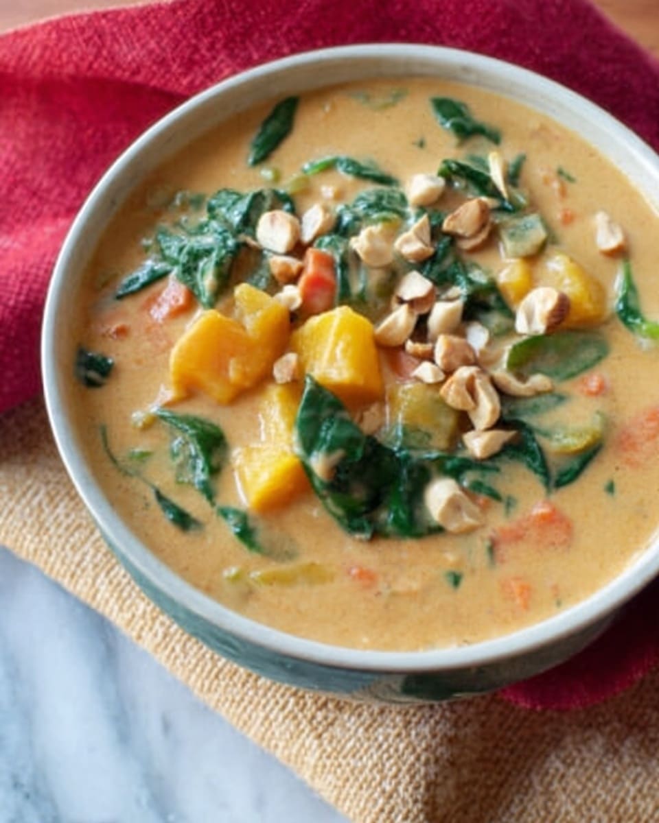 A close-up view of a red bowl filled with creamy light orange soup, topped with chunks of yellowish squash, bright green leafy vegetables, and small pieces of nuts scattered on top. The bowl sits on a beige cloth with loose folds. The background is a white marbled texture. photo taken with an iphone --ar 4:5 --v 7