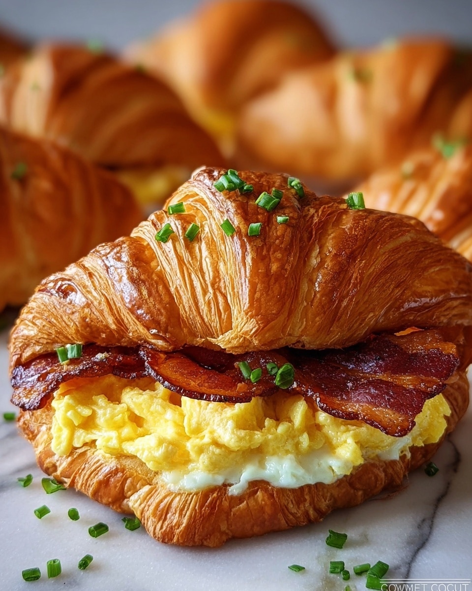 A flaky, golden-brown croissant with distinct layers sits on a white marbled surface, filled with a soft, yellow scrambled egg layer that has fluffy texture and a slightly shiny look. On top of the egg, there are two crisp strips of dark brown bacon with a wrinkled, crunchy texture. Small green chive pieces are scattered over the croissant and some are on the white marbled surface nearby. The croissant’s buttery layers are clearly visible, with the top half arching over the filling slightly. Photo taken with an iphone --ar 4:5 --v 7