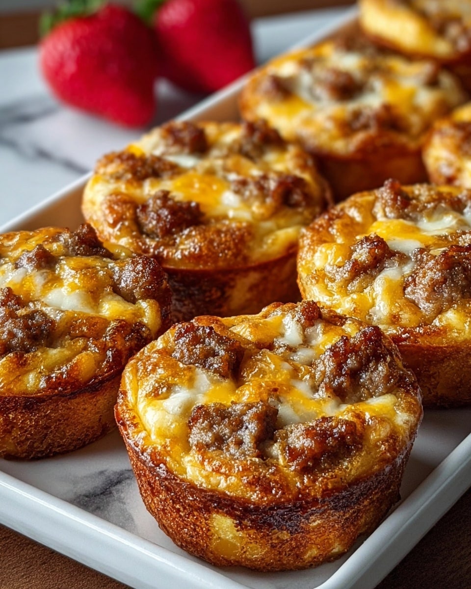 The image shows a group of small savory muffins arranged closely on a white tray. Each muffin has a golden brown crust as the base layer, topped with cooked sausage pieces that are dark brown and slightly crispy. Mixed within and slightly melting on top of the sausage are patches of yellow and white melted cheese, adding a glossy texture. The muffins have a rough, slightly uneven surface with some bubbling cheese, giving them a hearty, baked look. In the background, there are two slightly blurred red strawberries adding a pop of color. The tray is placed on a white marbled surface. photo taken with an iphone --ar 4:5 --v 7