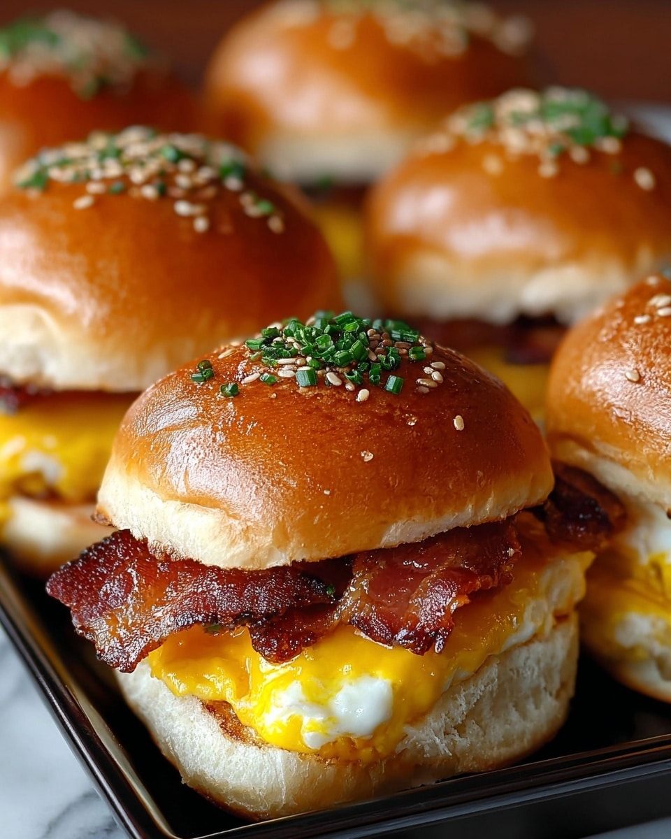 The image shows a close-up view of several small breakfast sandwiches arranged on a black tray. Each sandwich has three main layers: the bottom layer is a toasted soft white bun with a slightly rough texture, the middle layer is a cooked egg covered by melted bright yellow cheese, and the top layer consists of crispy, reddish-brown bacon strips. The sandwiches are topped with a shiny, golden brown bun sprinkled with coarse sea salt and small green herbs. The background is a white marbled texture. photo taken with an iphone --ar 4:5 --v 7