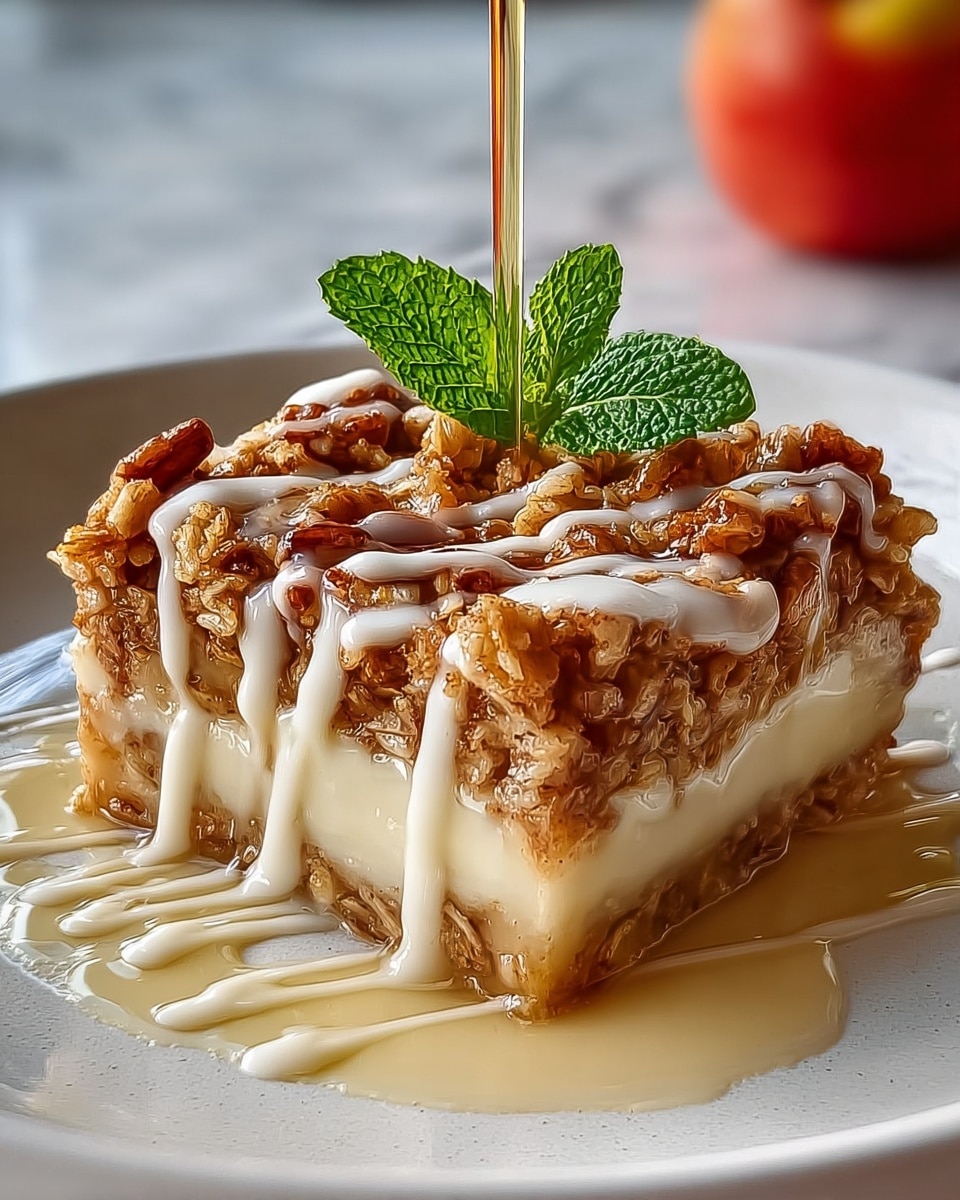 The dish shows a square slice with two main layers on a white textured plate. The bottom layer is smooth, creamy, and pale beige, while the top layer is thick and grainy with oats mixed in a warm brown color. Drizzled white sauce flows over the slice in thin lines, and a pale beige syrup pool spreads on the plate beneath with syrup pouring onto the slice from above. A bright green mint leaf sits on top as a garnish. The background shows blurry red apples and a white marbled surface. Photo taken with an iphone --ar 4:5 --v 7