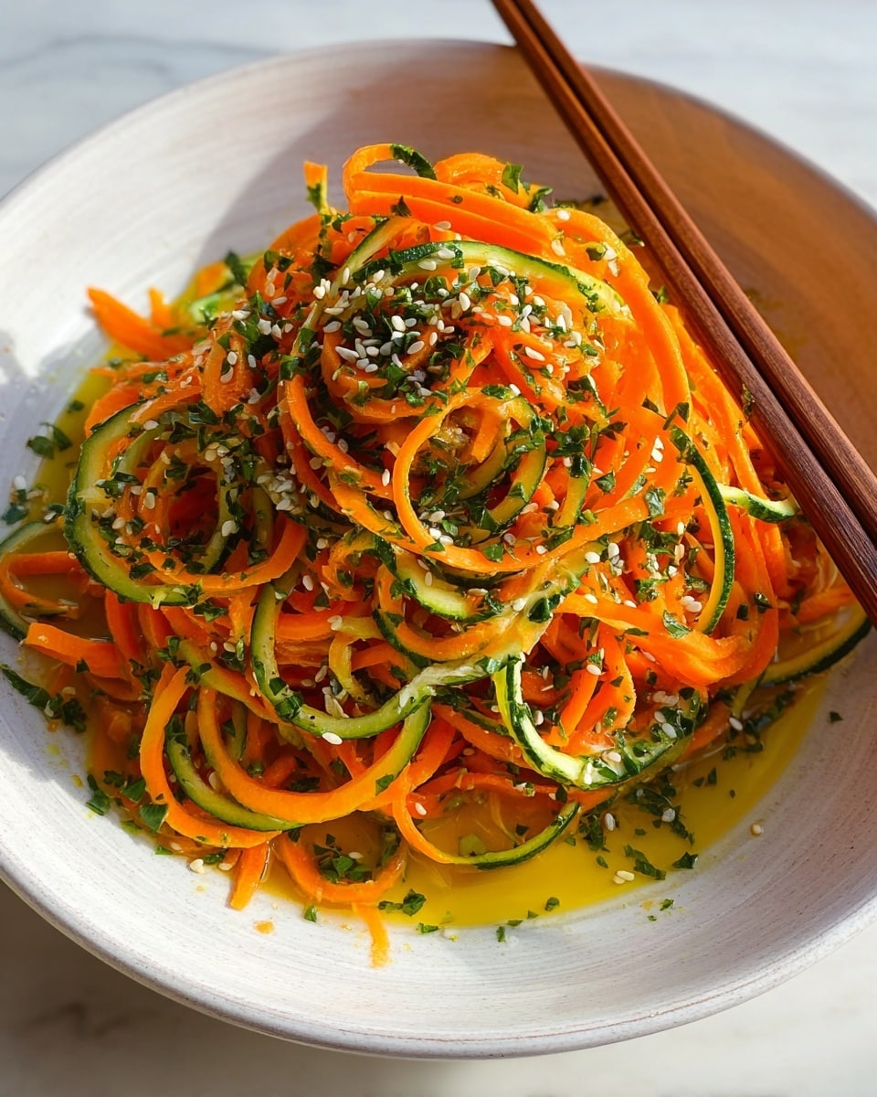 A white bowl holds a fresh salad made of thin, long strands of bright orange carrots and green zucchini, mixed together in a loose mound shape. The carrots and zucchini look crisp and fresh with some fresh green herb pieces scattered throughout. Small white sesame seeds are sprinkled on top, adding texture. The salad sits slightly in a light yellowy dressing that pools gently at the bottom of the bowl. A pair of wooden chopsticks rests inside the bowl on the right side. The bowl is placed on a white marbled surface with warm, natural lighting highlighting the vivid colors of the salad. Photo taken with an iphone --ar 4:5 --v 7