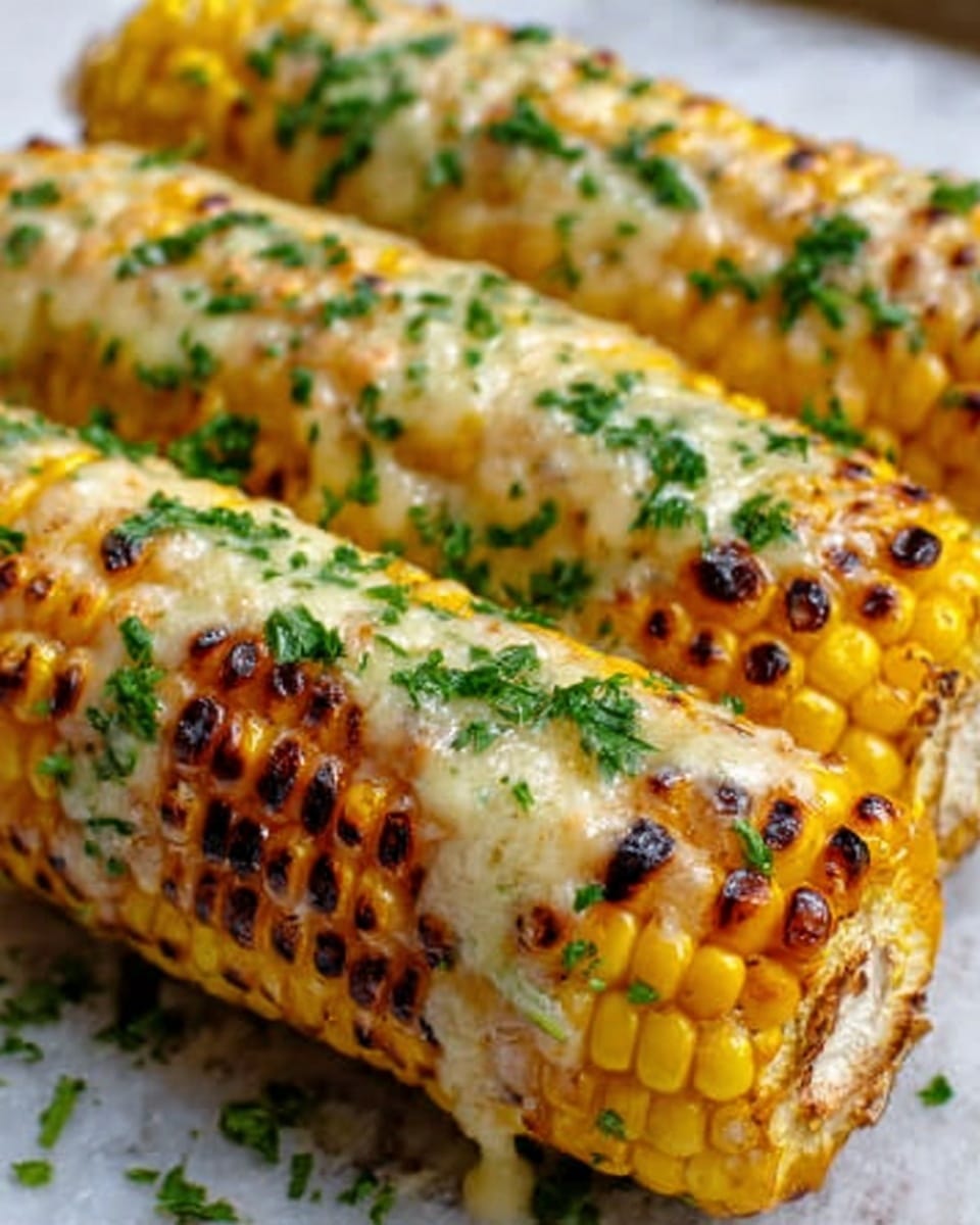 The image shows three grilled corn cobs covered with melted white cheese, with some green herbs sprinkled on top. The corn kernels are golden yellow with charred marks indicating they are grilled. The texture of the cheese is smooth and slightly stringy, gently melting over the bright yellow corn. The corn cobs are placed close together on a white marbled surface. photo taken with an iphone --ar 4:5 --v 7
