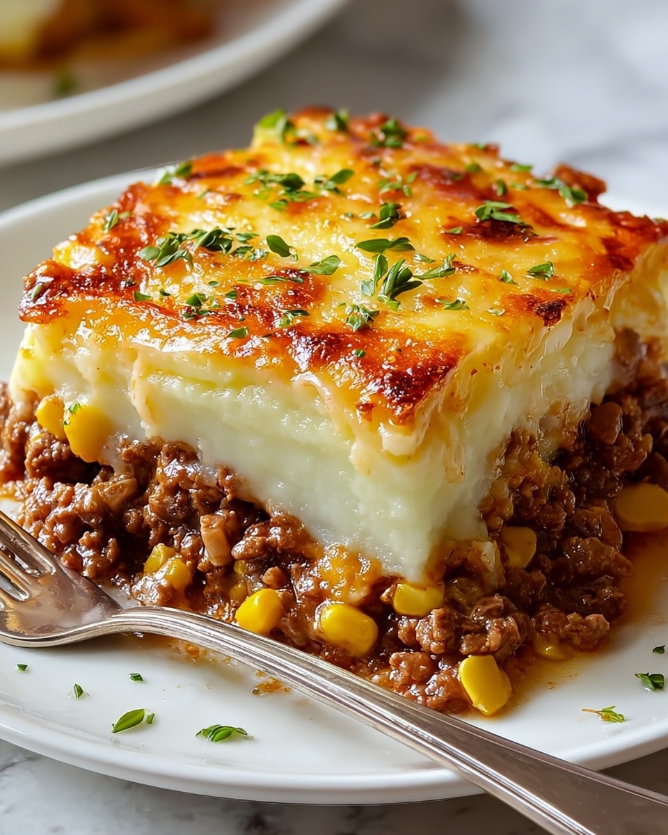 A close-up view of a slice of shepherd’s pie on a white plate set against a white marbled texture. The dish has three clear layers: the bottom layer is brown ground meat mixed with yellow corn pieces, the middle layer is creamy white mashed potatoes that have a smooth texture, and the top layer is a golden brown baked cheese crust with small green parsley and chive pieces sprinkled for garnish. The edges of the slice show the melted cheese slightly dripping over the side. A silver fork rests on the plate next to the slice. Photo taken with an iphone --ar 4:5 --v 7