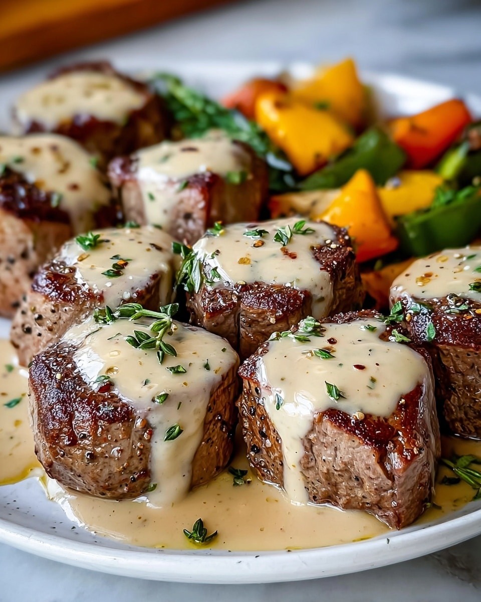 The image shows a white plate filled with small, thick, seared beef medallions topped with a creamy beige sauce that drips down the sides. Each medallion has a browned, slightly charred crust and a tender, juicy interior visible at the edges. The sauce is sprinkled with black pepper and chopped green herbs, adding texture and color contrast. In the background, there are blurred pieces of roasted vegetables in warm orange and green shades. The plate rests on a white marbled surface. photo taken with an iphone --ar 4:5 --v 7