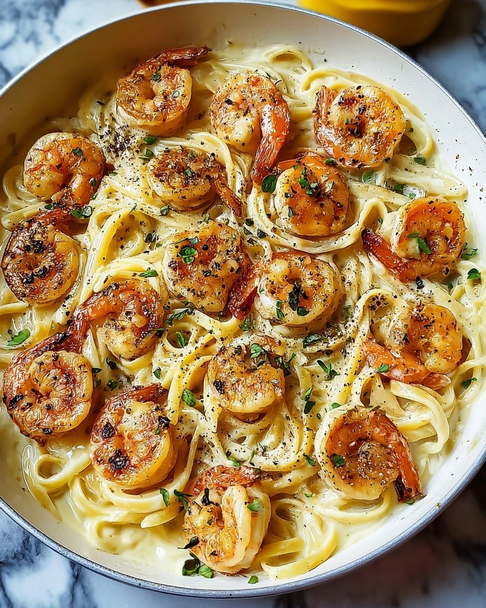 A white pot filled with creamy white sauce pasta layered with long fettuccine noodles at the bottom, topped with a single layer of large, pinkish-orange grilled shrimp seasoned with black pepper and green herb leaves scattered around. The shrimp are slightly charred, giving a mix of light and dark browns on their surface. The pot sits on a white marbled surface, enhancing the colors of the dish. photo taken with an iphone --ar 4:5 --v 7