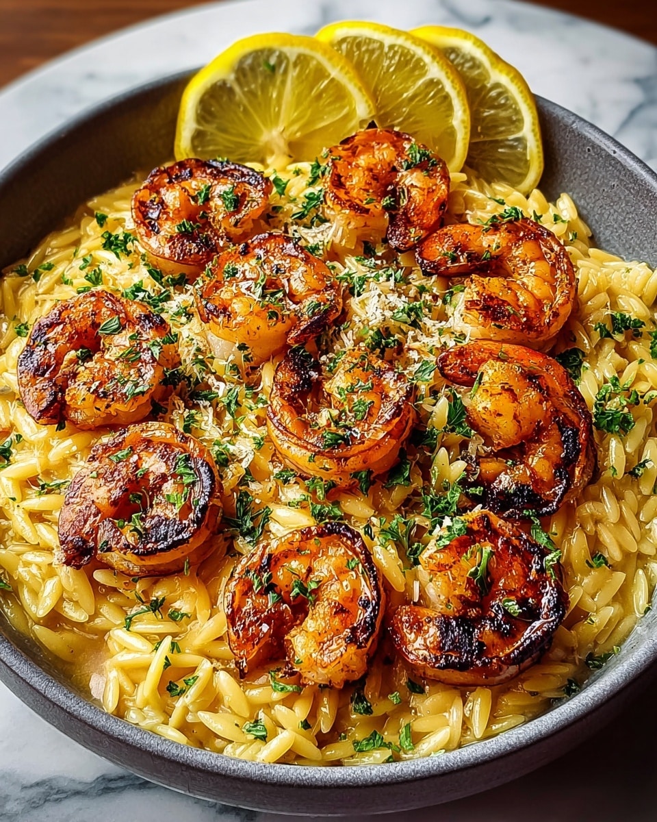 A gray bowl filled with creamy yellow orzo pasta forms the base layer, soft and mixed with a slight sheen of sauce. On top, there are nine large, grilled shrimp, golden brown with char marks and a glossy appearance, arranged closely in a circular pattern. Bright green chopped parsley is sprinkled generously over the shrimp and pasta, adding a fresh touch of color. Two lemon wedges rest at the back edge of the bowl, pale yellow with a slightly glossy surface, completing the dish. The bowl sits on a white marbled surface. photo taken with an iphone --ar 4:5 --v 7