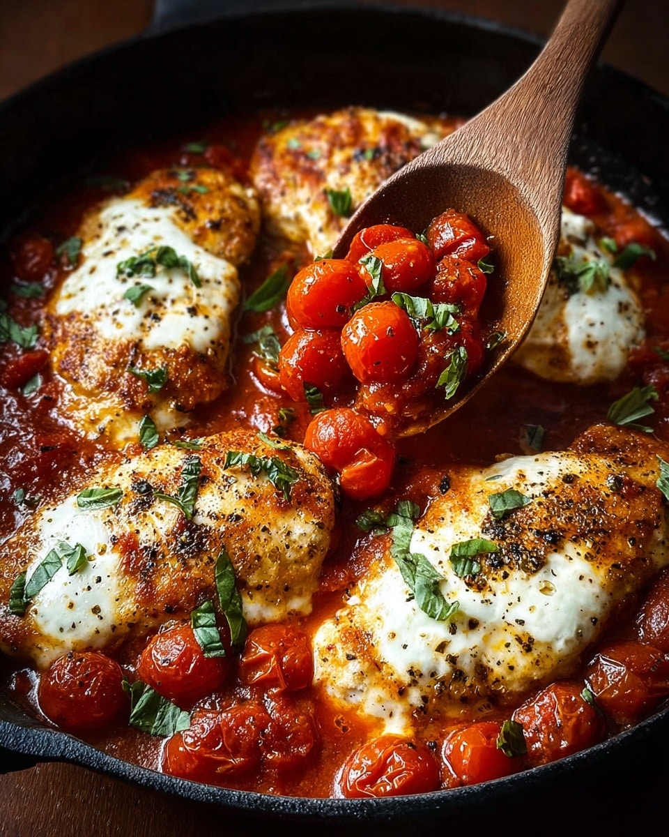 The image shows a close-up of a black skillet filled with four browned chicken breasts browned on top, surrounded by whole and halved red cherry tomatoes in a rich, red tomato sauce. Dollops of creamy white melted cheese are scattered on top and around the chicken, with a light sprinkle of chopped green herbs adding color contrast. A wooden spoon is resting in the skillet, touching the sauce and some tomatoes, highlighting the texture of the sauce and the soft tomatoes. The overall scene focuses on the warm red, white, and green colors with a cozy, rustic feel. Photo taken with an iphone --ar 4:5 --v 7