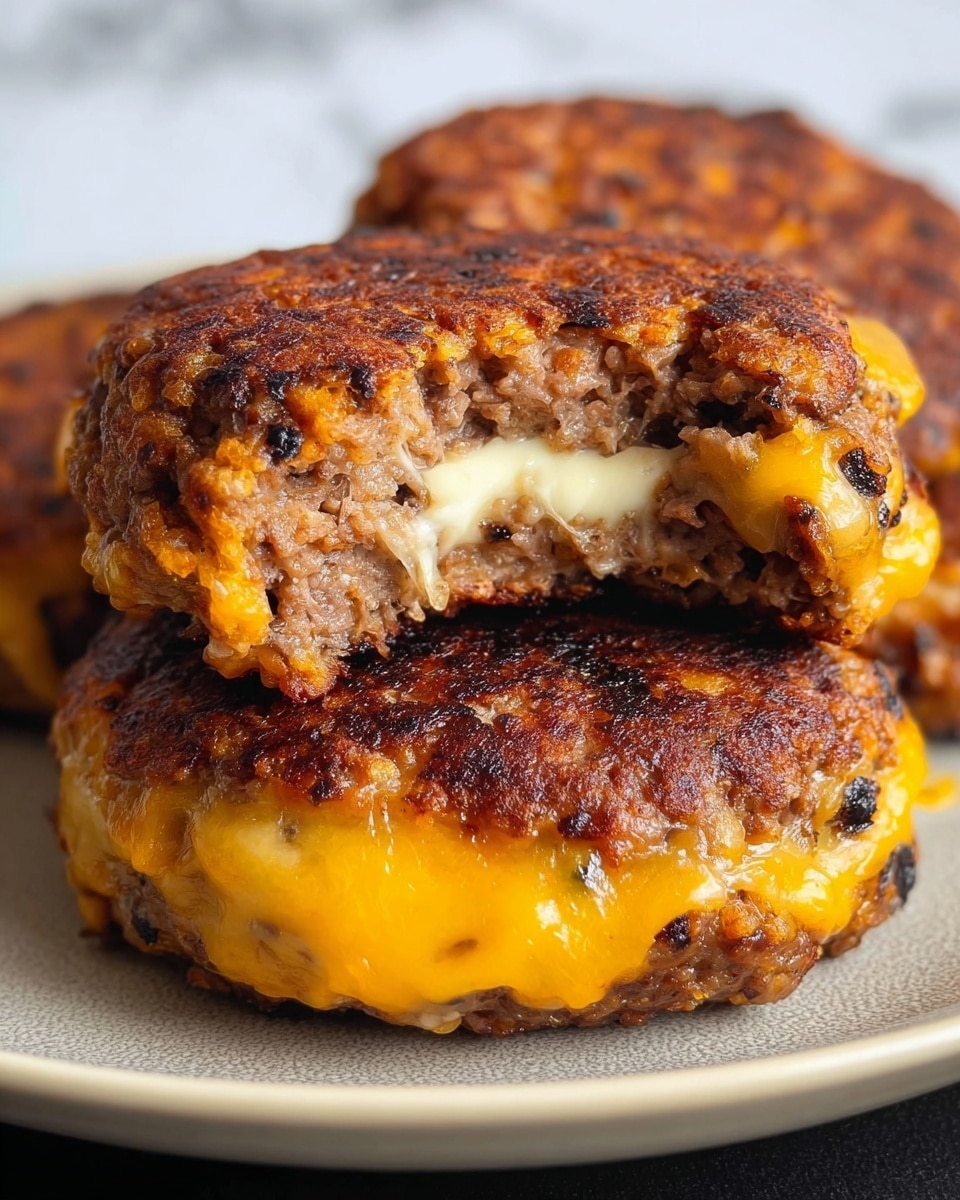 Two cooked burger patties sit stacked closely on a white plate with a black edge, showing a crispy, browned outer layer with visible bits of melted orange and white cheese oozing slightly from the middle section. The patties have a rough, textured surface with darker and lighter browned patches, and the cheese appears gooey and soft, nestled between the slightly charred meat. In the background, a third patty, similarly browned and textured, is visible but out of focus, all set on a white marbled surface. photo taken with an iphone --ar 4:5 --v 7