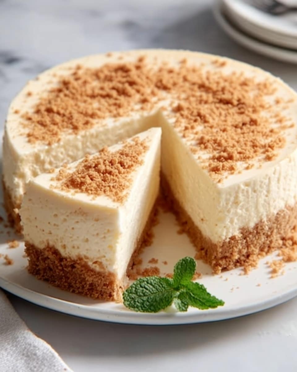 The image shows a creamy cheesecake with a light brown crumbly crust at the bottom, topped with a smooth, thick layer of white cheesecake filling. The cheesecake has a dusting of light brown powder on the top, possibly cinnamon or nutmeg. A slice has been cut to reveal the even layers of crust and filling. A small green mint leaf is placed at the base of the cheesecake on the white plate, which sits on a white marbled surface. Photo taken with an iphone --ar 4:5 --v 7