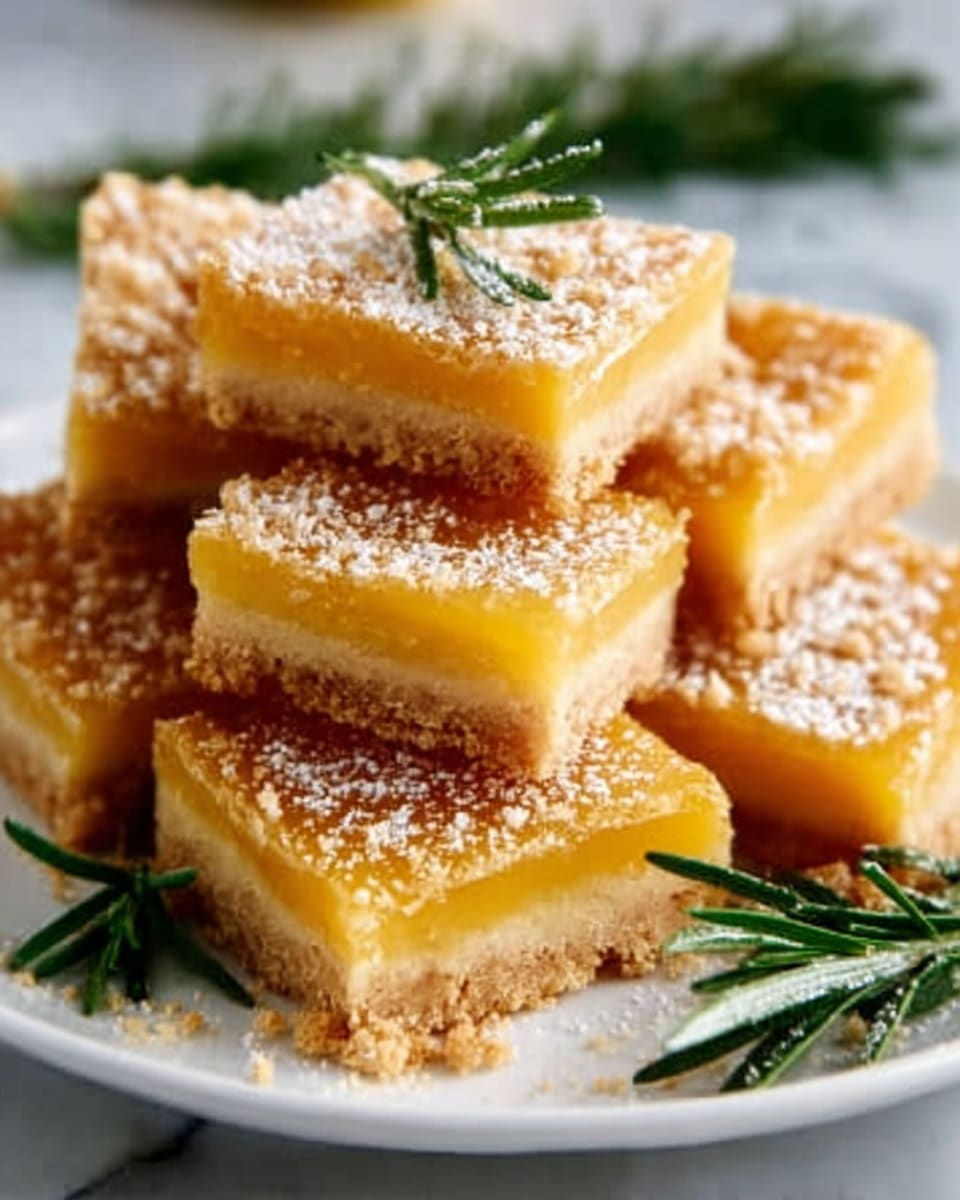 The image shows a white plate filled with square-shaped dessert bars, stacked in a small pile. Each bar has three visible layers: a thick, crumbly brown bottom crust, a smooth, golden yellow middle layer that looks soft and dense, and a topping of light brown crumbs scattered generously on top. Some green rosemary sprigs are placed on the plate near the bars, adding a fresh color contrast. The background is a white marbled texture. Photo taken with an iphone --ar 4:5 --v 7