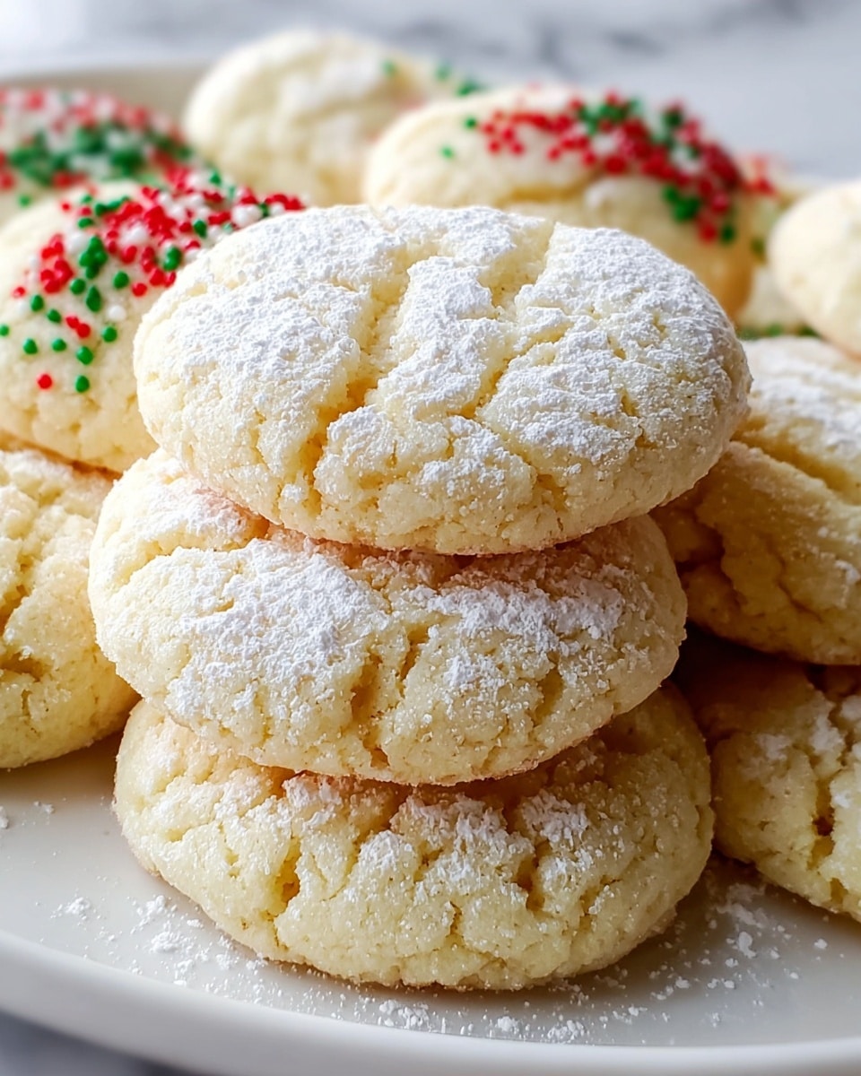 The image shows a close-up of soft, round cookies stacked on a white plate with a white marbled texture surface underneath. Each cookie has a light golden color with a slightly cracked texture, and three shallow parallel lines pressed on top. Some cookies are dusted with a fine white powder while others have small red and green sprinkles scattered sparsely on their tops. The cookies appear thick and fluffy, with a slightly crumbly texture visible in the close-up. Photo taken with an iphone --ar 4:5 --v 7