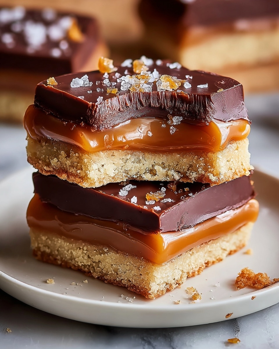 The image shows two stacked square treats made of three layers each. The bottom layer is a lightly golden, crumbly shortbread base with a rough texture. The middle layer is a smooth, shiny caramel with a rich amber color that slightly oozes out on the edges. The top layer is a thick, glossy dark chocolate coating pierced by a bite in the top treat, revealing the dense chocolate texture inside. Sprinkled on the chocolate top are coarse salt crystals and small bits of caramel. The treats sit on a piece of parchment paper that rests on a white marbled surface with scattered crumbs around them. Photo taken with an iphone --ar 4:5 --v 7