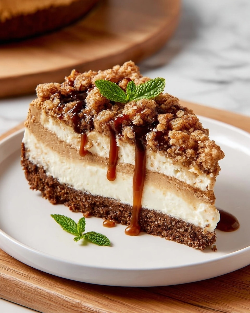 The image shows one slice of creamy cheesecake with three distinct layers on a white plate. The bottom layer is a brown crumbly crust, the middle layer is a thick smooth white cheesecake filling, and the top layer is a crumbly brown streusel topping with some small green mint leaves for garnish. A sticky caramel sauce is drizzled over the streusel, dripping slightly down the sides. There are a few crumbs scattered on the plate. The plate sits on a wooden board with a white marbled textured surface in the background. photo taken with an iphone --ar 4:5 --v 7