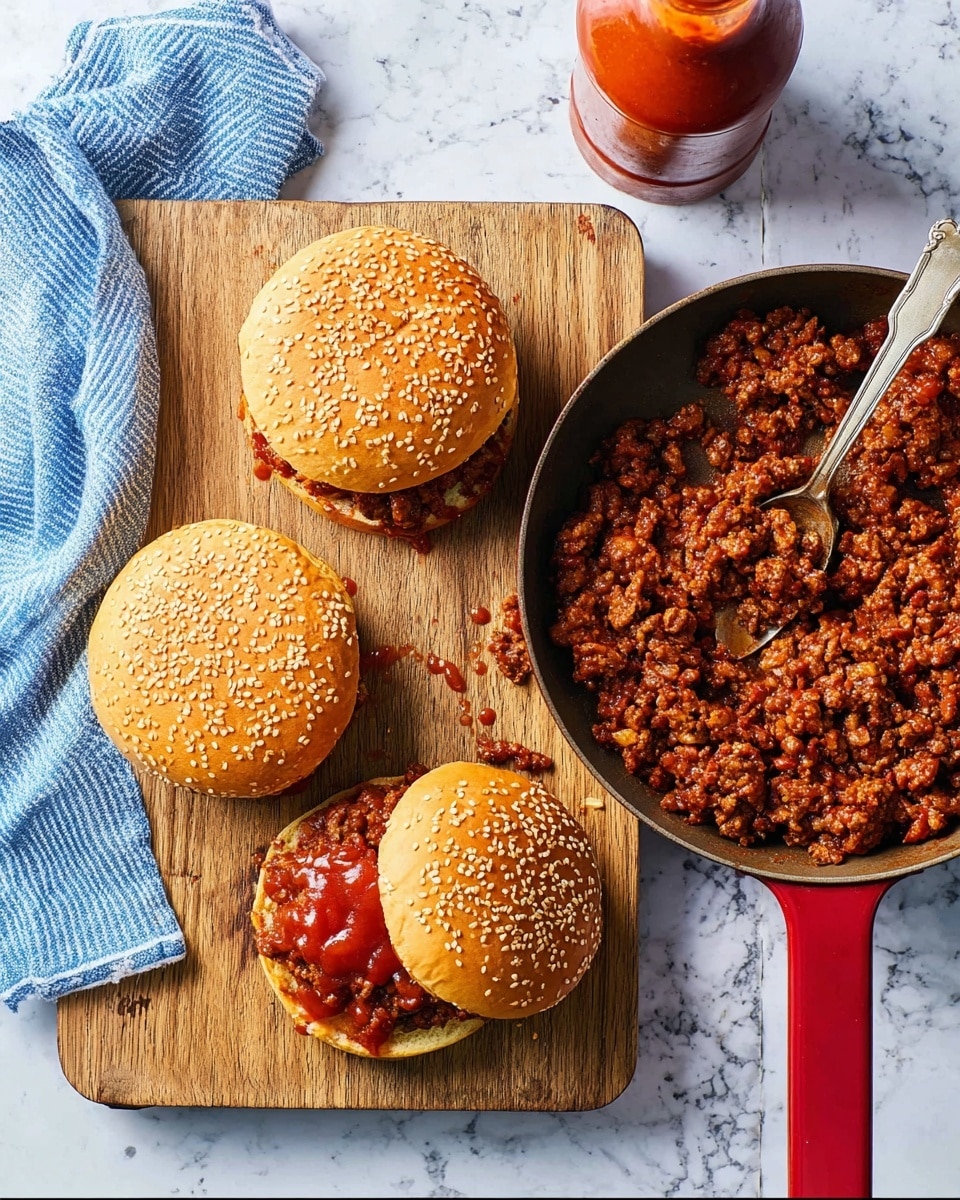 The image shows three sloppy joe sandwiches and a skillet of cooked minced meat with sauce on a wooden board placed on a white marbled surface. Each sandwich has a sesame seed-covered golden brown bun as the top layer, with the bottom layer being the same bun slightly toasted. The middle layer is a mix of reddish-brown minced meat with a saucy texture, some of which has spilled onto the board. Next to the sandwiches is a round pan with a red handle filled with the same minced meat mixture, and a spoon resting in it. A bottle of sauce with a red cap is placed above the sandwiches, and a blue and white striped cloth is partially visible near the skillet. Photo taken with an iphone --ar 4:5 --v 7