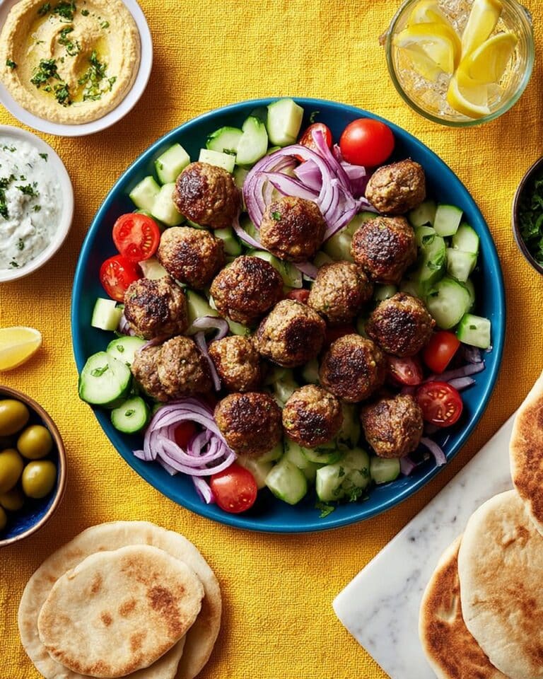 Meze Meatballs with Fresh Salad, Hummus, and Pita Recipe