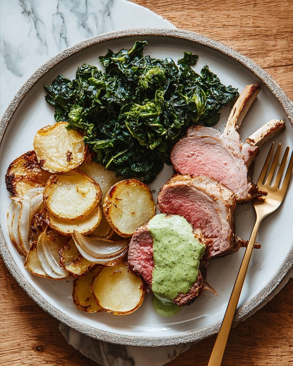 The dish is served on a white plate with a slightly speckled texture, placed on a white marbled surface. It has four main visual layers: on the left side is a pile of thinly sliced, golden-brown roasted potatoes with some caramelized onions mixed in, showing a crispy texture. Above the potatoes, there is a small heap of dark green cooked leafy vegetables, likely kale, with a shiny, slightly wilted look. On the right side, two thick slices of lamb chops are positioned, showing a pink, juicy center with a browned crust on the outside, and two bones extending outward. Next to the lamb chops, there is a small dollop of bright green sauce with a smooth, slightly chunky texture. A gold fork is placed on the left edge of the plate. Photo taken with an iphone --ar 4:5 --v 7