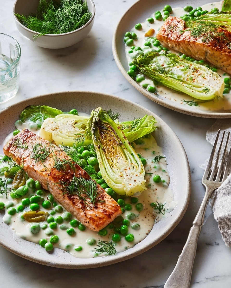 The image shows two white plates on a white marbled surface, each with a piece of cooked salmon fillet with a golden-brown top layer. Underneath and beside the salmon are two grilled green lettuce halves with char marks, covered lightly in a creamy white sauce. Bright green peas are scattered over the salmon, lettuce, and sauce, adding a fresh pop of color. Small green dill sprigs are placed on top of the salmon and around the plate, giving a final touch of detail. A fork rests on the top plate, and there is a small wooden bowl of fresh dill in the background. Photo taken with an iphone --ar 4:5 --v 7