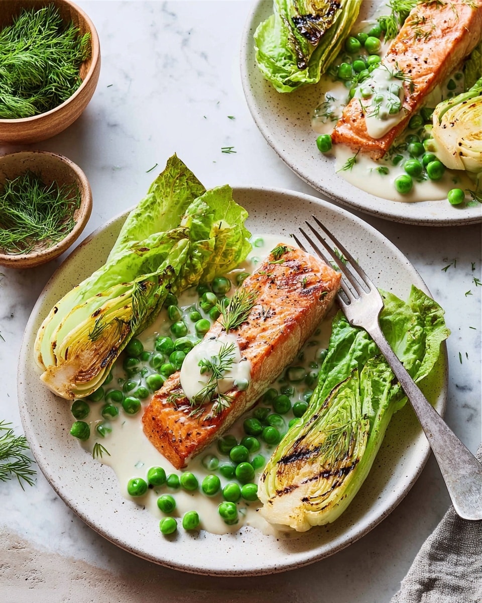 Two white plates on a white marbled surface each hold a meal with three main layers. The bottom layer is a creamy white sauce spread unevenly on the plate. On top of that, there are bright green peas scattered over the sauce. Next, two pieces of grilled romaine lettuce, with a slightly charred deep green and light yellow color, lie on the sauce. The top layer is a thick, rectangular piece of cooked salmon with a golden-brown crust and soft pink inside. Some sprigs of fresh dill are sprinkled over the salmon and peas. In the background, a small bowl with fresh dill is visible, and a fork rests on one plate. Photo taken with an iphone --ar 4:5 --v 7