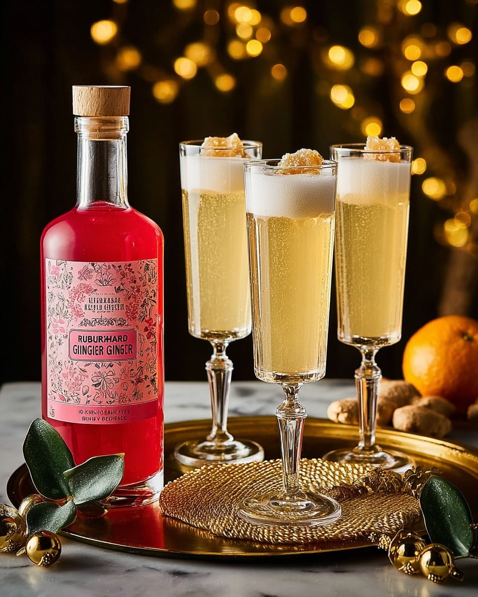 Three tall clear glasses filled with a pale golden fizzy drink topped with a white foam layer. Each glass is rimmed with a thin gold line and has a light yellowish crystallized garnish placed on the edge. The glasses are set closely together on a shiny gold tray with intricate patterns. Behind the glasses, to the left, there is a clear bottle filled with bright red liquid and a pink label showing text. The scene is set against a dark background with warm bokeh lights creating a festive atmosphere, all placed on a white marbled texture. Photo taken with an iphone --ar 4:5 --v 7