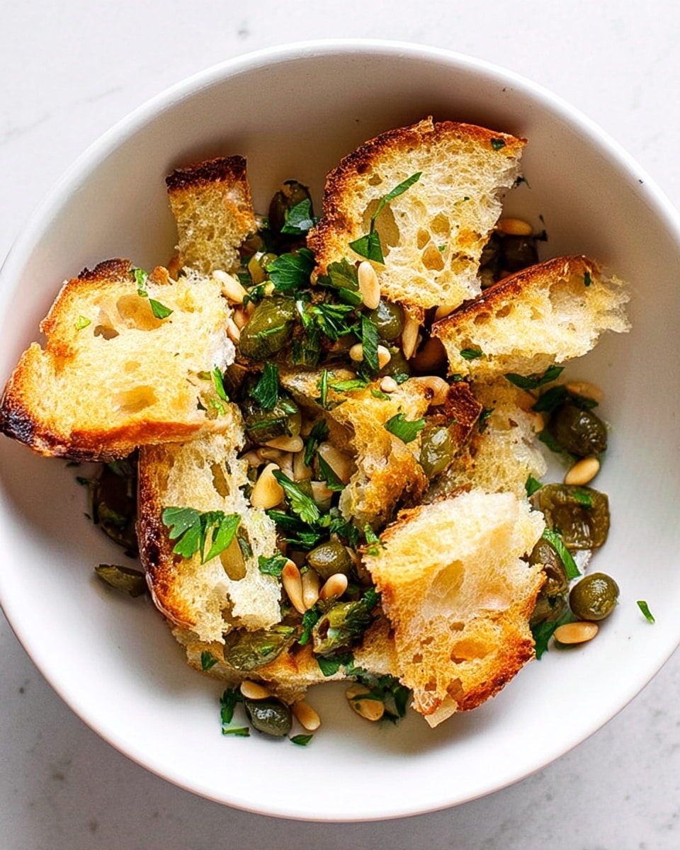 The image shows a white bowl containing a simple dish with roughly torn pieces of toasted bread on top, which are golden brown with a crispy texture and some soft, airy parts inside. Beneath and between the bread pieces, there are numerous small green herbs scattered evenly, adding a fresh contrast. Mixed into the bread and herbs are small slices of dark green jalapenos and light-colored pine nuts, providing additional texture and color variety. The bowl is placed on a white marbled textured surface. Photo taken with an iphone --ar 4:5 --v 7