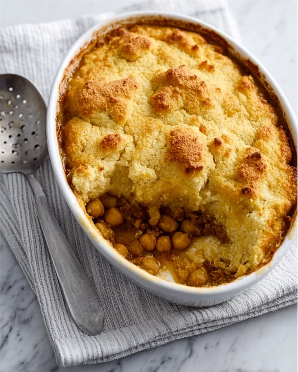 The dish is a white oval baking dish filled with a golden brown baked topping that looks crispy and slightly uneven in texture, covering a thick layer of cooked chickpeas and vegetables beneath. The top layer has a crumbly, toasted surface with small browned spots, while the inside shows soft, pale chickpeas mixed in a light brown sauce with pieces of vegetables. The dish sits on a white cloth with a striped pattern, and a stainless steel slotted spoon rests beside it on a white marbled surface. Photo taken with an iphone --ar 4:5 --v 7