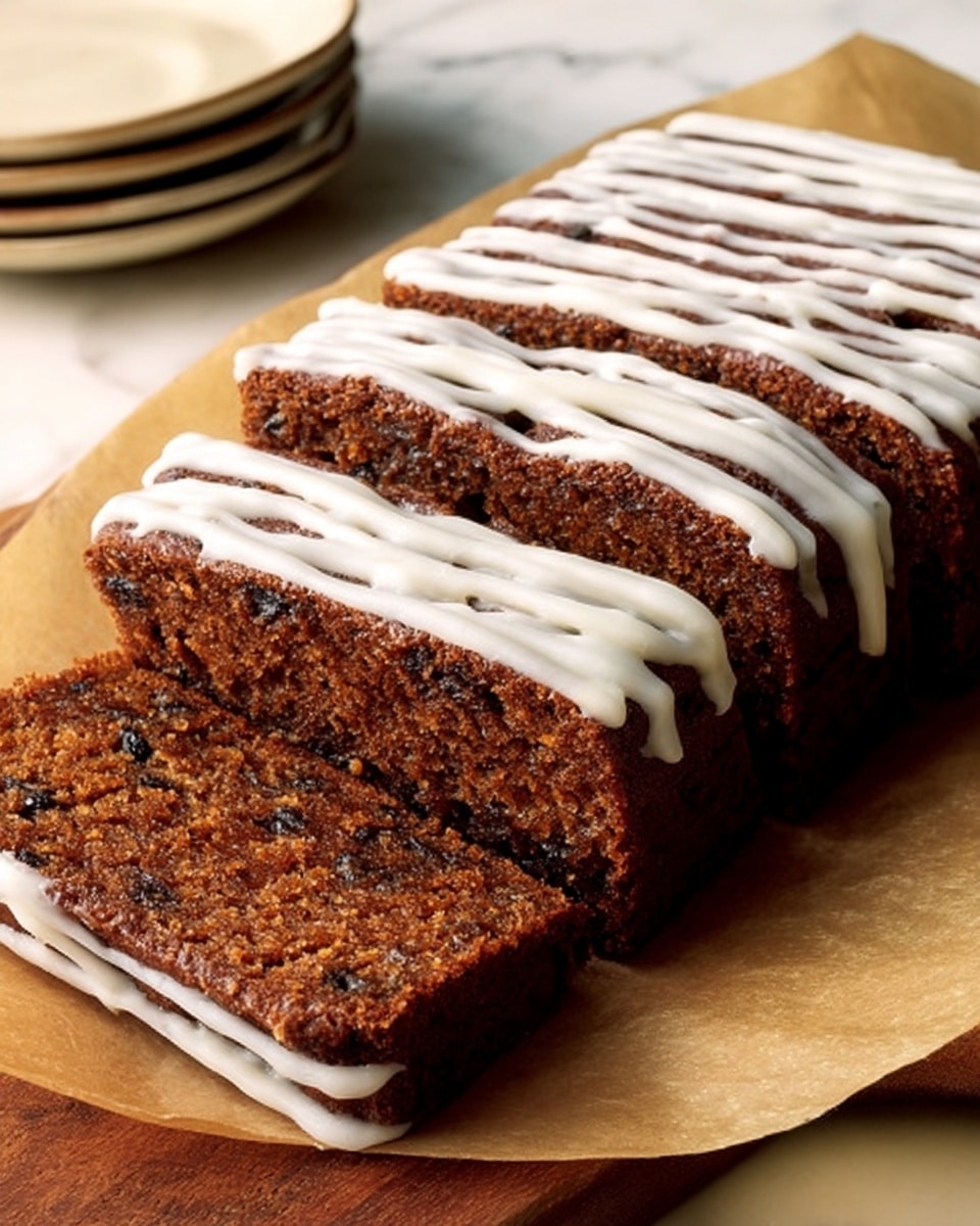 The image shows a rectangular, three-layer cake with a dense, moist texture that is deep brown with visible small dark spots, likely spices or raisins inside. The top layer has a thick, smooth white icing base with thin white icing lines drizzled across in waves from one side to the other. The cake is cut into three large square pieces from one end. It sits on light brown parchment paper that covers a wooden board. The background surface is a white marbled texture. Photo taken with an iphone --ar 4:5 --v 7