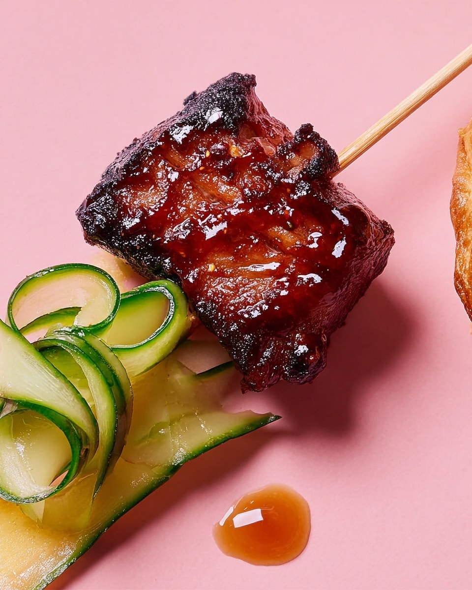 The image shows a glossy, dark reddish-brown grilled meat piece on a skewer, with a slightly charred and sticky surface, highlighting the juicy texture. Next to the meat is a decorative side made of thin pale green and darker green cucumber slices twisted into a flower-like shape. The food is placed on a soft pink surface with a few small drops of sauce nearby, creating a clean and simple look. photo taken with an iphone --ar 4:5 --v 7