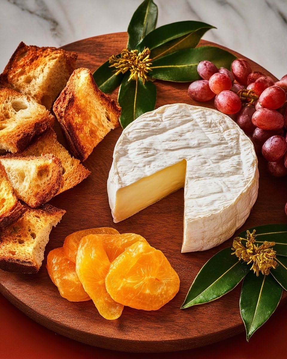 A round wooden board holds a small wheel of soft white cheese with a thick rind and one wedge cut out and placed just below it, showing a creamy light yellow inside. To the left of the cheese are crisp golden-brown toasted bread slices with an airy texture and some crunchy edges. Below the toasts are three bright orange persimmon slices arranged in a stack, each slice showing star-like patterns in the center. To the right side of the cheese is a bunch of plump red grapes with a slight sheen. Near the top left of the cheese wheel, a small sprig of dark green leaves with cream-colored buds lies flat on the board. The whole scene is set on a white marbled surface. photo taken with an iphone --ar 4:5 --v 7