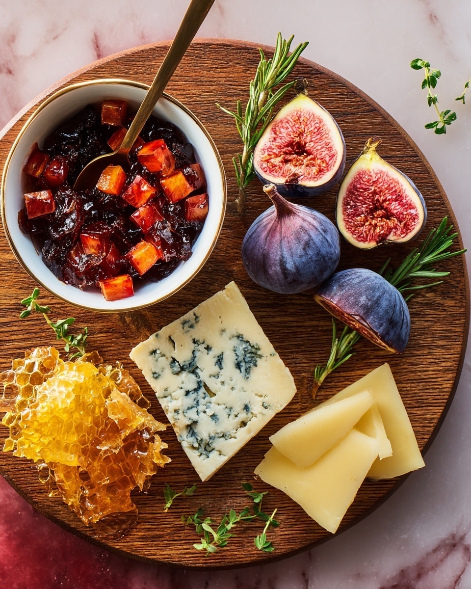 The image shows a wooden round board with a small white bowl filled with a colorful mix of diced vegetables and sauce, mostly deep red and some vibrant orange pieces, positioned on the left side. Next to the bowl, on the right side, are fresh figs, both whole and halved, showing their deep purple skin and pinkish-green inside with seeds. Below the figs is a small pile of golden honeycomb with a shiny, sticky texture. At the bottom of the board, there are two slices of cheese with a pale yellow color and some dark green-blue mold spots. The whole setup rests on a surface with a white marbled texture. photo taken with an iphone --ar 4:5 --v 7