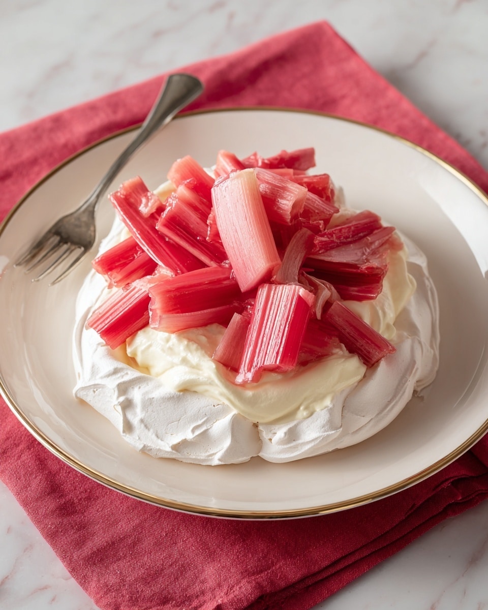 A white round meringue base with a smooth and slightly crinkled texture forms the bottom layer, topped by a creamy layer of pale yellow whipped cream spread thickly in the middle. On top of the cream, there are several pieces of bright pink and red rhubarb stalks, cut into thick chunks that look soft and juicy, arranged loosely in a small pile at the center. The dish is served on a white plate with a thin gold rim, set on a white marbled surface with a pale pink cloth beneath. A fork lies next to the plate on a red cloth napkin. photo taken with an iphone --ar 4:5 --v 7