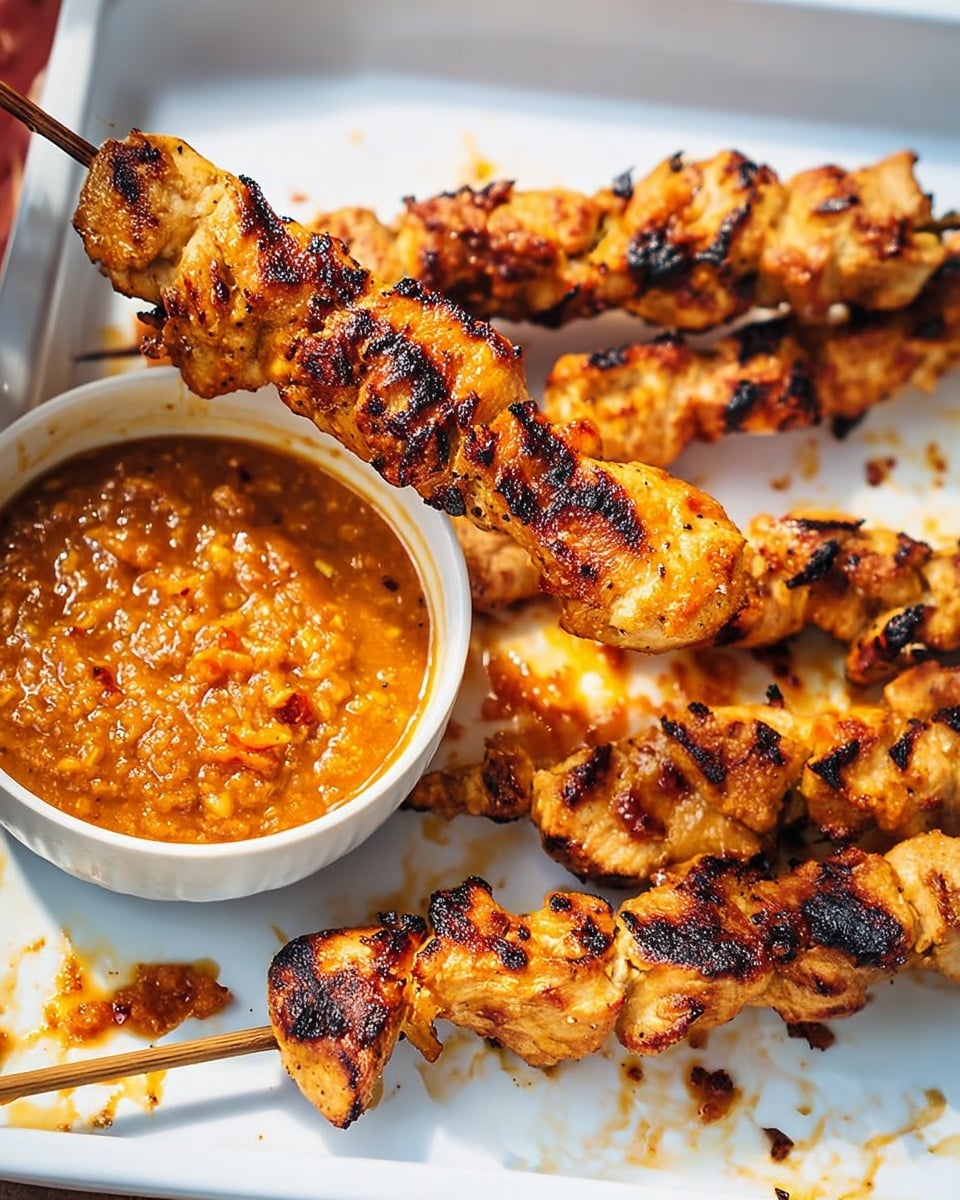 The image shows several grilled chicken skewers resting on a white tray with a white marbled texture in the background. Each skewer has unevenly spaced pieces of chicken that are golden brown with dark char marks, giving a slightly crispy texture. Near the top right, a round metal bowl filled with thick, chunky orange-brown sauce sits on the tray. One skewer is being dipped into the sauce, which has visible bits of spices and oil pooling on top. The sauce looks rich and hearty, contrasting with the bright golden chicken pieces on the skewers. photo taken with an iphone --ar 4:5 --v 7