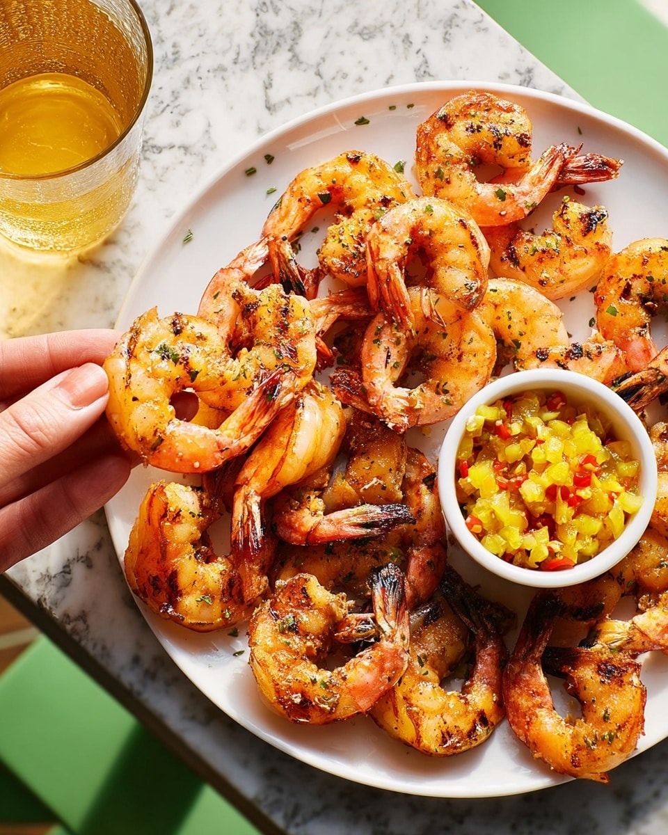 A white plate filled with a layer of grilled shrimp, orange-pink with black grill marks and small herbs on them, arranged in a loose circle almost covering the plate's surface. On the upper right part of the plate, a small white bowl holds a chunky yellow and orange salsa with red pepper bits, creating a bright contrast. A woman's hand is holding one shrimp above the plate, showing its curved shape and charred texture. The scene is set on a white marbled textured surface with a partially visible glass of golden liquid above the plate. photo taken with an iphone --ar 4:5 --v 7