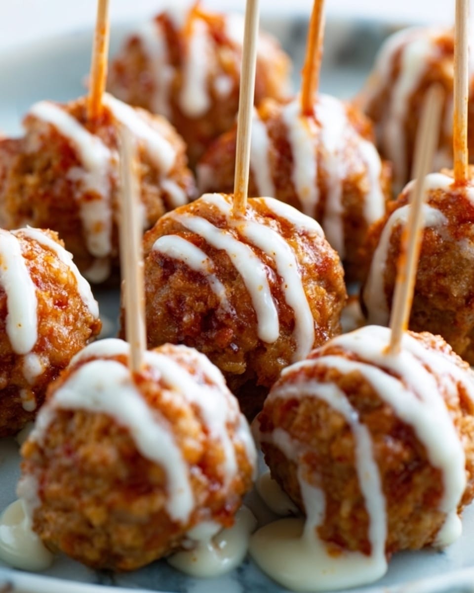 The image shows several golden-brown fried balls with a crispy texture, each pierced by a wooden toothpick. The balls are neatly arranged on a white plate, and each one is drizzled with white sauce in thin lines that add contrast to the warm color of the fried balls. The background surface is a white marbled texture, making the colors of the dish stand out. Photo taken with an iphone --ar 4:5 --v 7