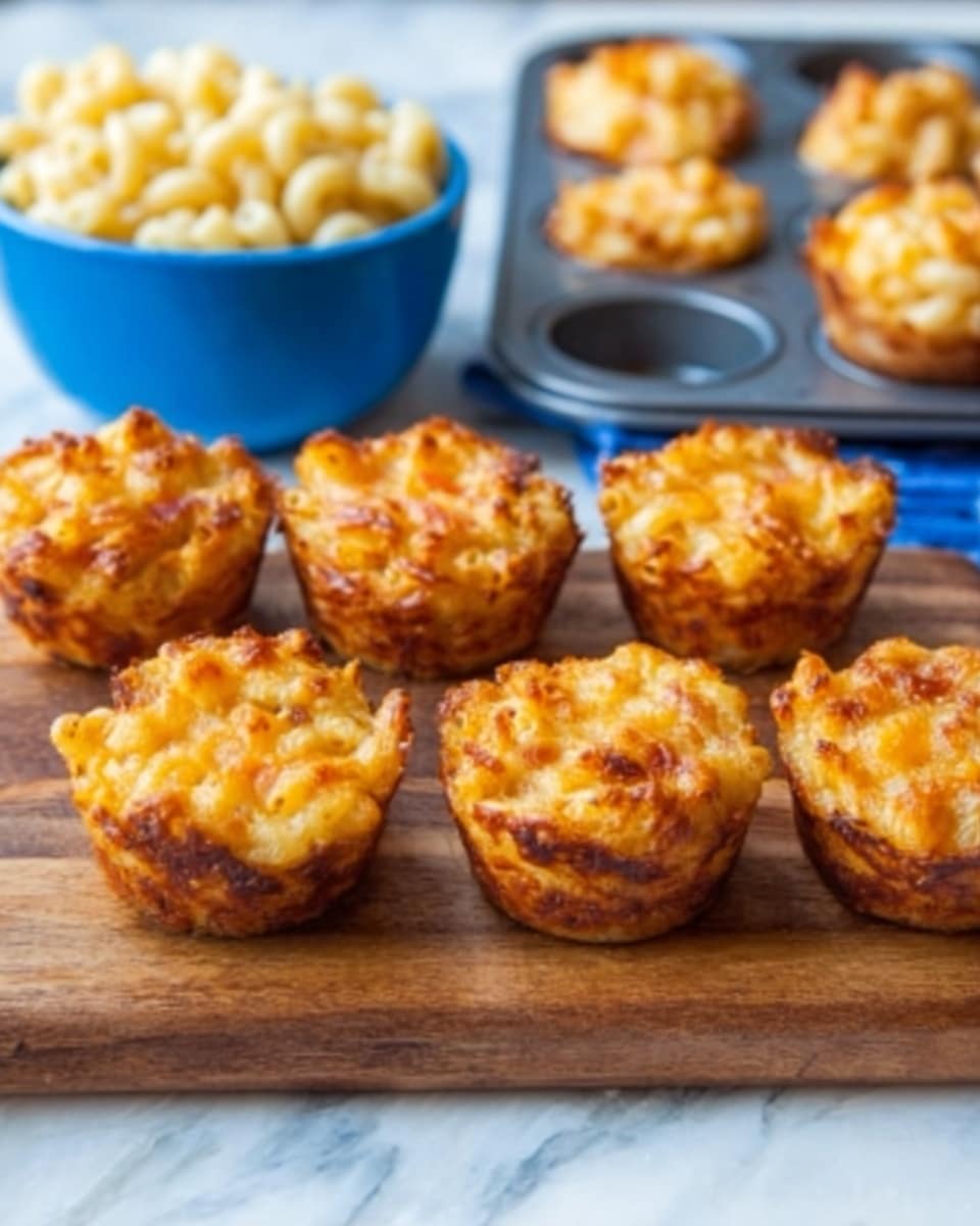 The image shows a wooden board placed on a white marbled texture surface, holding eight small muffin-shaped baked macaroni and cheese cups arranged in two rows. Each cup has a golden-brown crispy top layer with a slightly crunchy texture, and beneath the top, a creamy yellow-orange layer of baked macaroni is visible. To the side, there is a large white bowl filled with plain cooked elbow macaroni, showing a smooth pale yellow color. The setup has a cozy, homemade feel with a simple and clean presentation. Photo taken with an iphone --ar 4:5 --v 7