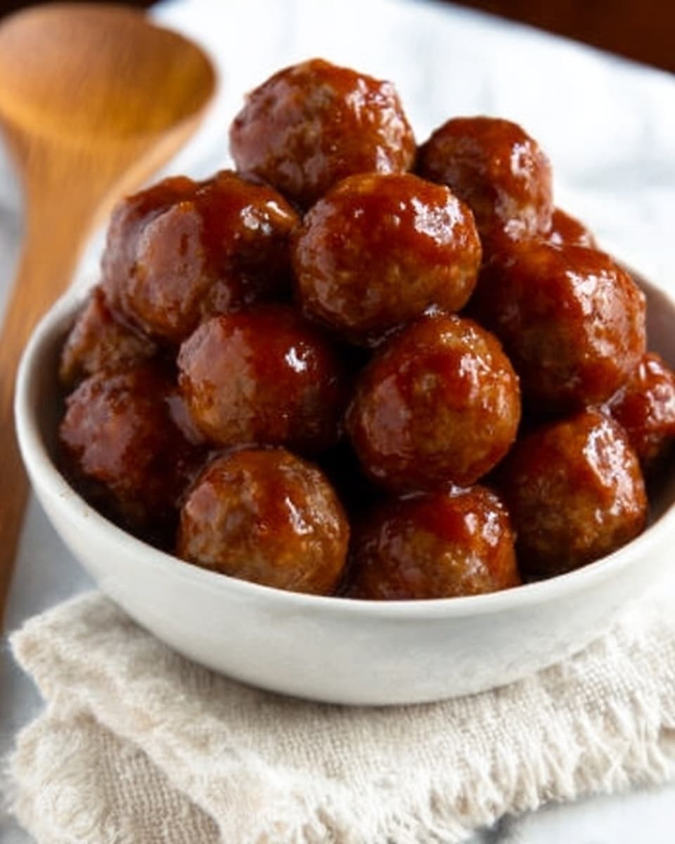 The image shows a white bowl filled with multiple small, shiny, reddish-brown sauced meatballs that have a slightly sticky and glazed texture. The bowl sits on a white cloth with soft folds, placed on a white marbled surface, and a wooden plate is blurred in the background. The meatballs have a rich, glossy coating that reflects light. photo taken with an iphone --ar 4:5 --v 7