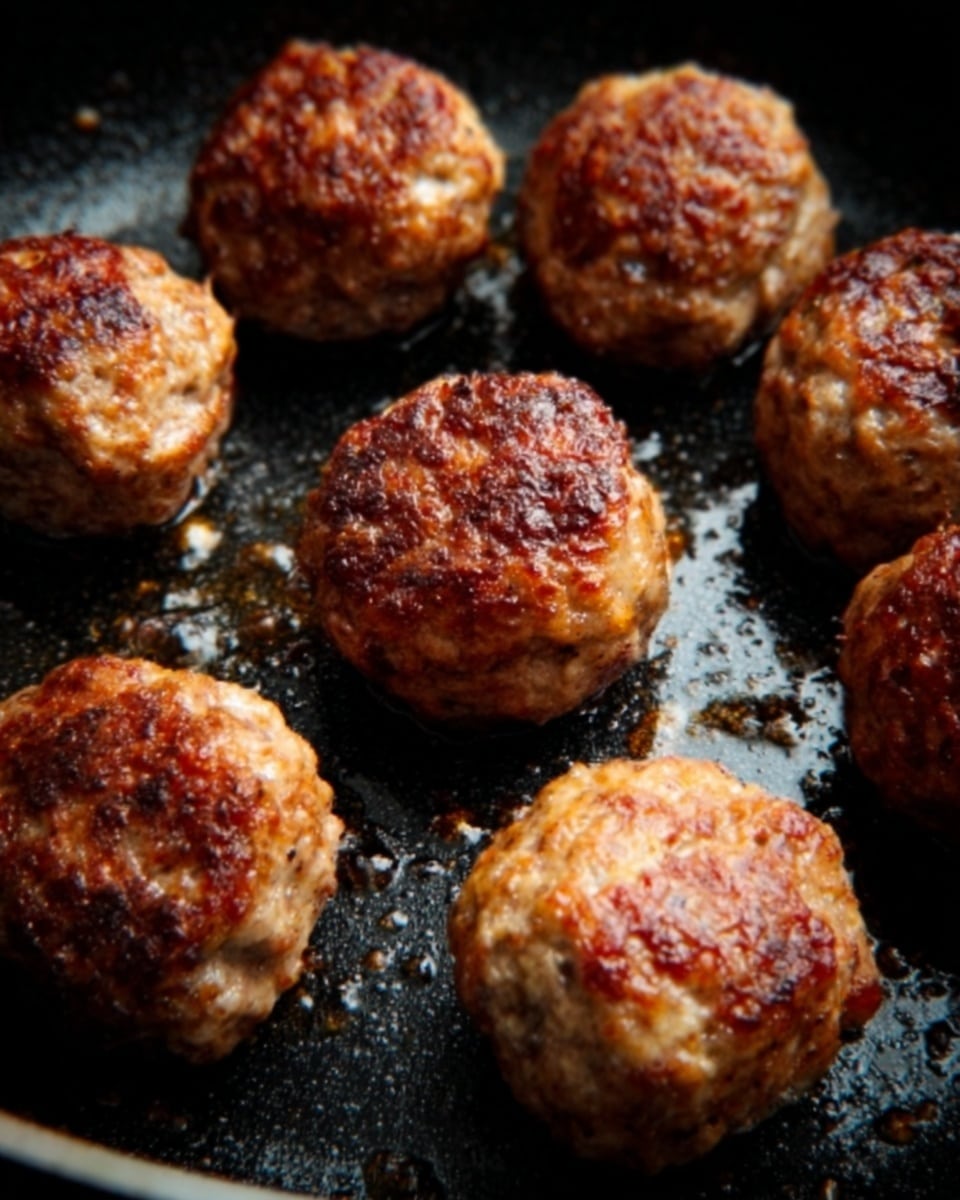 The image shows seven browned meatballs with a slightly rough, crispy outside texture, sitting on a black cooking pan. The meatballs are round and evenly cooked, showing small browned spots and some oil glistening on their surface. The background has a white marbled texture visible around the pan edges. photo taken with an iphone --ar 4:5 --v 7
