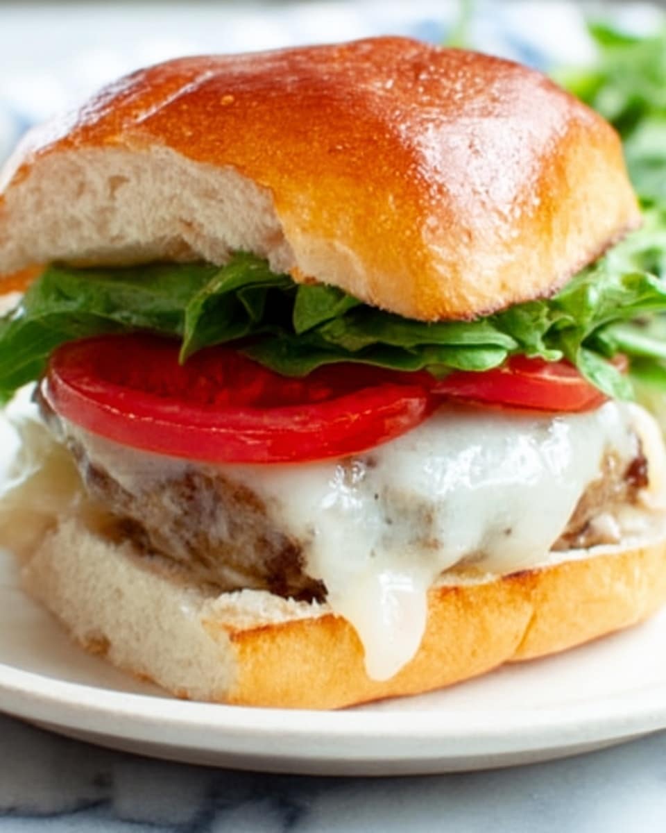 A close-up of a cheeseburger on a white plate sitting on a white marbled surface, showing three main layers inside a soft bun: the bottom layer is a juicy cooked beef patty covered in melted white cheese, the middle layer is bright green leafy lettuce, and the top layer is a thick red tomato slice. The bun is golden brown and slightly shiny on top. The melted cheese drips slightly over the beef patty edges, and the lettuce leaves curl gently around the tomato. The photo is clear and focused on the sandwich details, with soft light highlighting the fresh ingredients. photo taken with an iphone --ar 4:5 --v 7