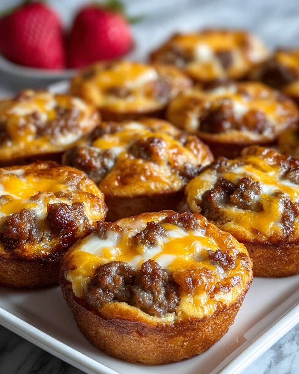 The image shows a white tray holding ten mini breakfast muffins, each with a golden brown crust and a textured top filled with cooked sausage pieces and melted yellow and white cheese. The muffins have a slightly crispy edge and a soft inside, with the sausage distributed on the top layer creating a chunky appearance. In the background, two red strawberries add a pop of color, resting on the tray’s white marbled surface. The overall look is warm and inviting, highlighting the rich, savory texture of the muffins. photo taken with an iphone --ar 4:5 --v 7