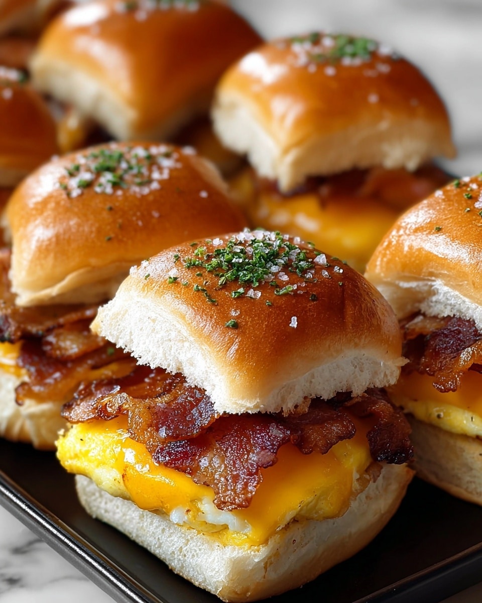This image shows a close-up of several breakfast sandwiches arranged on a black tray, with one sandwich in sharp focus in the front and the others softly blurred behind it. Each sandwich has three main visible layers: a shiny golden brown top bun sprinkled with sesame seeds and green herbs, a crispy, reddish-brown bacon layer beneath, and a bright yellow melted cheese layer covering a white, fluffy cooked egg. The bottom bun is soft and white with a slightly toasted texture on its edges. The white marbled texture underneath enhances the warm colors of the sandwiches beautifully. Photo taken with an iphone --ar 4:5 --v 7