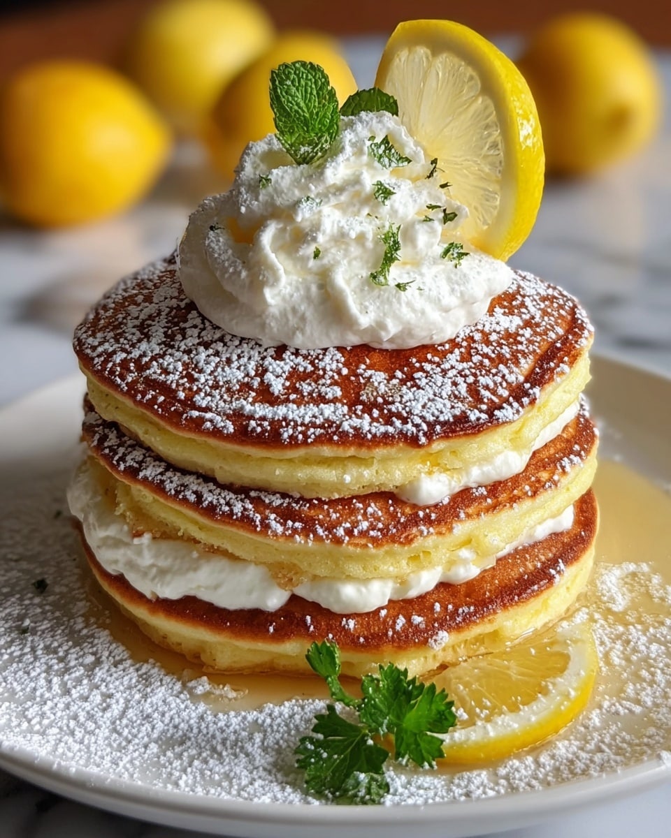 A stack of four golden brown pancakes with a slightly crispy texture on the outside and fluffy inside sits on a white plate. Between each pancake layer, there is a thick white creamy filling visible. The top pancake is sprinkled with white powdered sugar and topped with a dollop of whipped cream, a thin bright yellow lemon slice, and a small green mint leaf. A lemon wedge rests on the side of the plate with a small green parsley leaf nearby. The background shows soft, out-of-focus yellow lemons on a white marbled texture surface. Photo taken with an iphone --ar 4:5 --v 7