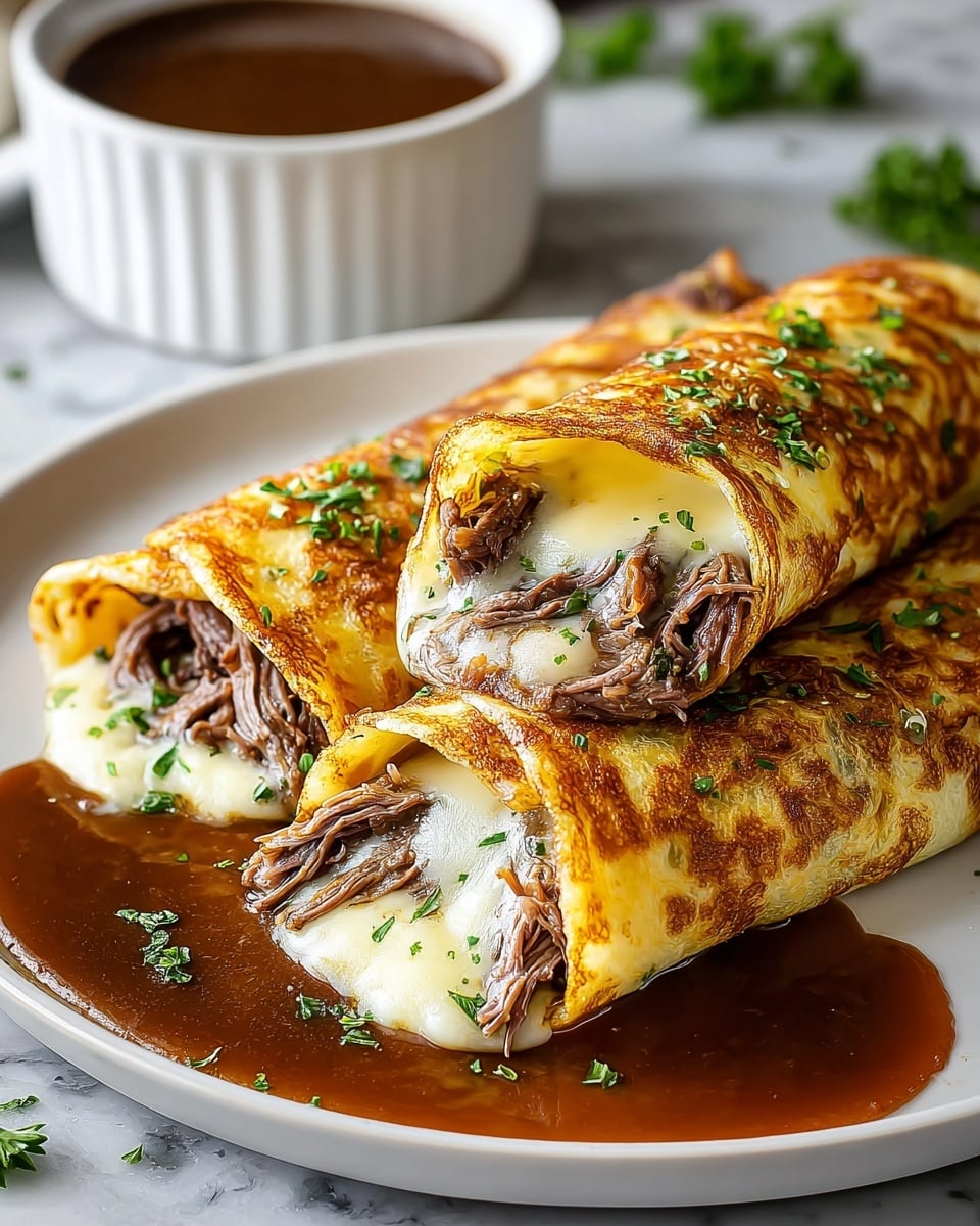 Three golden-brown rolled crepes lie side by side on a white plate with a glossy, rich brown sauce pooled around and beneath them. Each crepe is filled with layers of tender, shredded dark meat and melted creamy white cheese that oozes slightly out of the ends. The surface of the crepes has a slightly crispy texture with small brown spots and is sprinkled with finely chopped green herbs. Behind the crepes, there is a small white bowl filled with extra dark sauce, all set on a white marbled texture. photo taken with an iphone --ar 4:5 --v 7