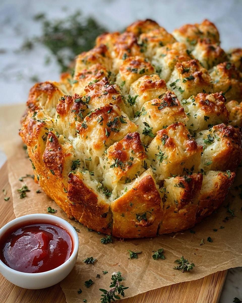 A golden-brown pull-apart bread shaped like a tree, with multiple fluffy layers clearly separated by melted cheese and finely chopped green herbs spread all over. Each section of the bread is rounded at the top, showing a mix of soft, light-yellow inside layers and crispy, browned edges. The bread rests on a piece of parchment lightly sprinkled with green herbs, placed on a white marbled surface. In the background, a small white bowl filled with red dipping sauce sits out of focus. Photo taken with an iphone --ar 4:5 --v 7