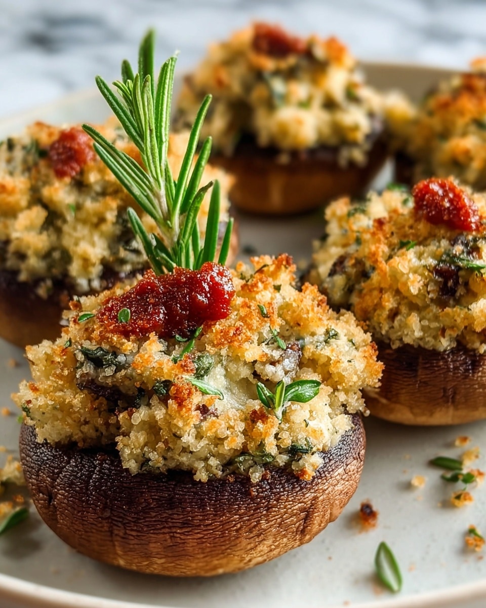 A close-up view of several stuffed mushrooms arranged on a white plate with a white marbled texture background. Each mushroom has a dark brown, textured cap as the base, filled with a golden-brown crumbly mixture that looks crispy on top, mixed with small bits of green herbs. One mushroom in the front center is topped with a small dark red dollop and a fresh green sprig of rosemary standing upright, adding a pop of color and texture. The lighting highlights the glistening, slight oiliness on the mushrooms and crumbs, emphasizing their savory, baked appearance. photo taken with an iphone --ar 4:5 --v 7