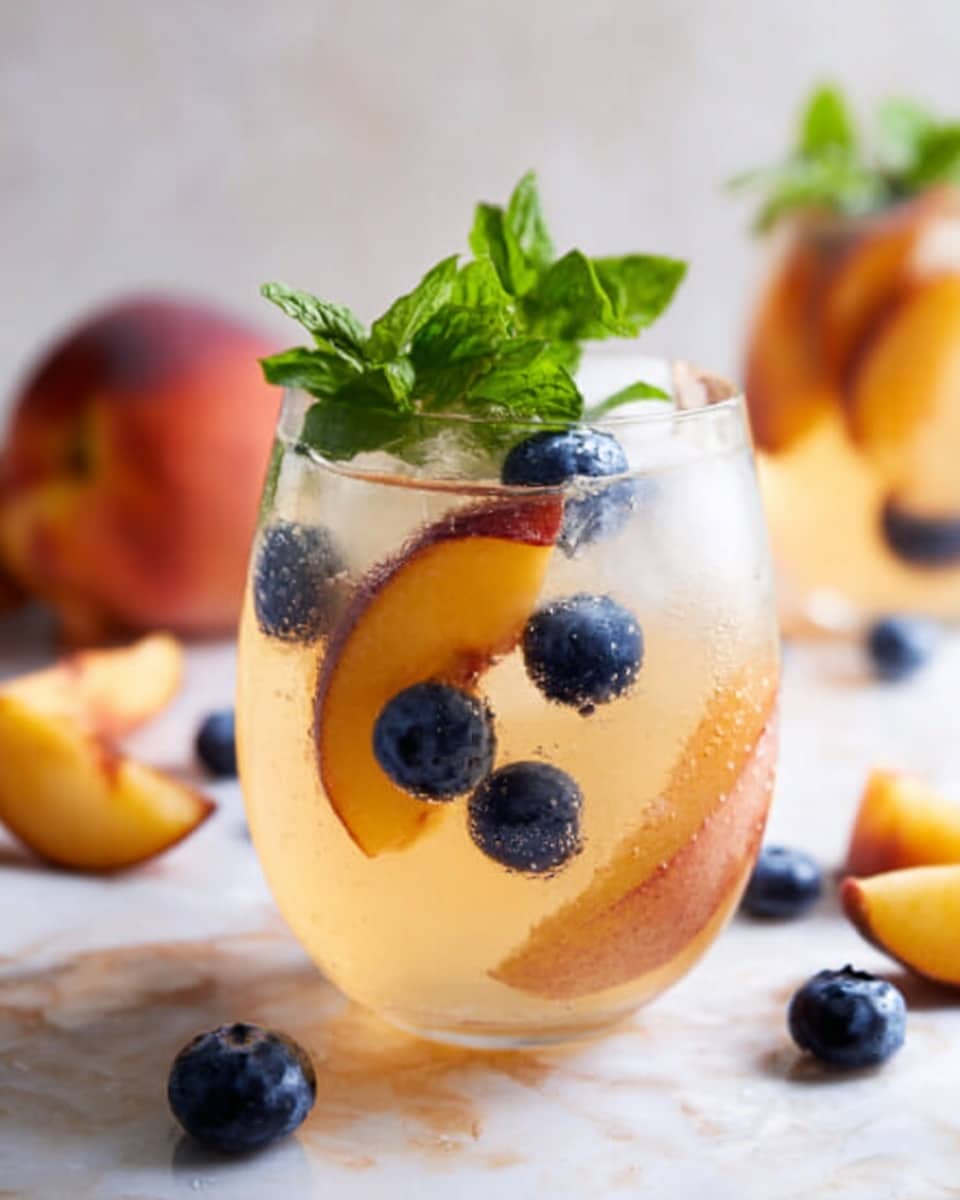 A clear glass filled with a peach-colored drink containing large ice cubes, fresh blueberries, and thin peach slices inside. On top of the drink is a small bunch of green mint leaves and a few blueberries. The glass sits on a white marbled surface with scattered blueberries and peach slices around it. A blurred peach fruit is in the background, adding soft warm tones to the scene. Photo taken with an iphone --ar 4:5 --v 7
