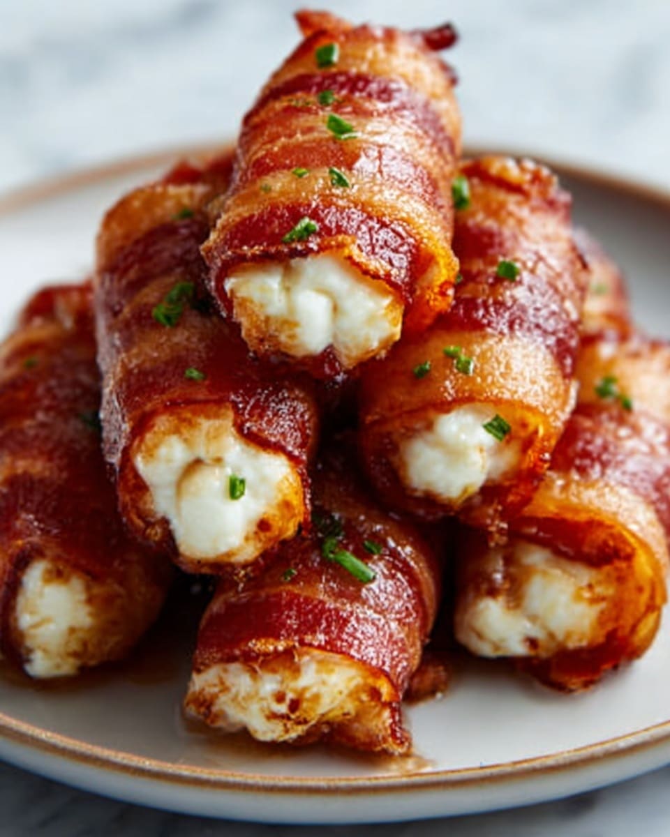 The image shows a close-up of five bacon-wrapped cheese sticks stacked on a white plate, each with a crispy, golden-brown bacon layer wrapped tightly around a creamy white cheese filling. The bacon has a slightly shiny, cooked texture with some darker, crispy edges, and the cheese appears soft and slightly melted at the ends. Small green herb pieces, likely parsley, are sprinkled on top for color contrast and freshness. The plate sits on a white marbled surface. photo taken with an iphone --ar 4:5 --v 7
