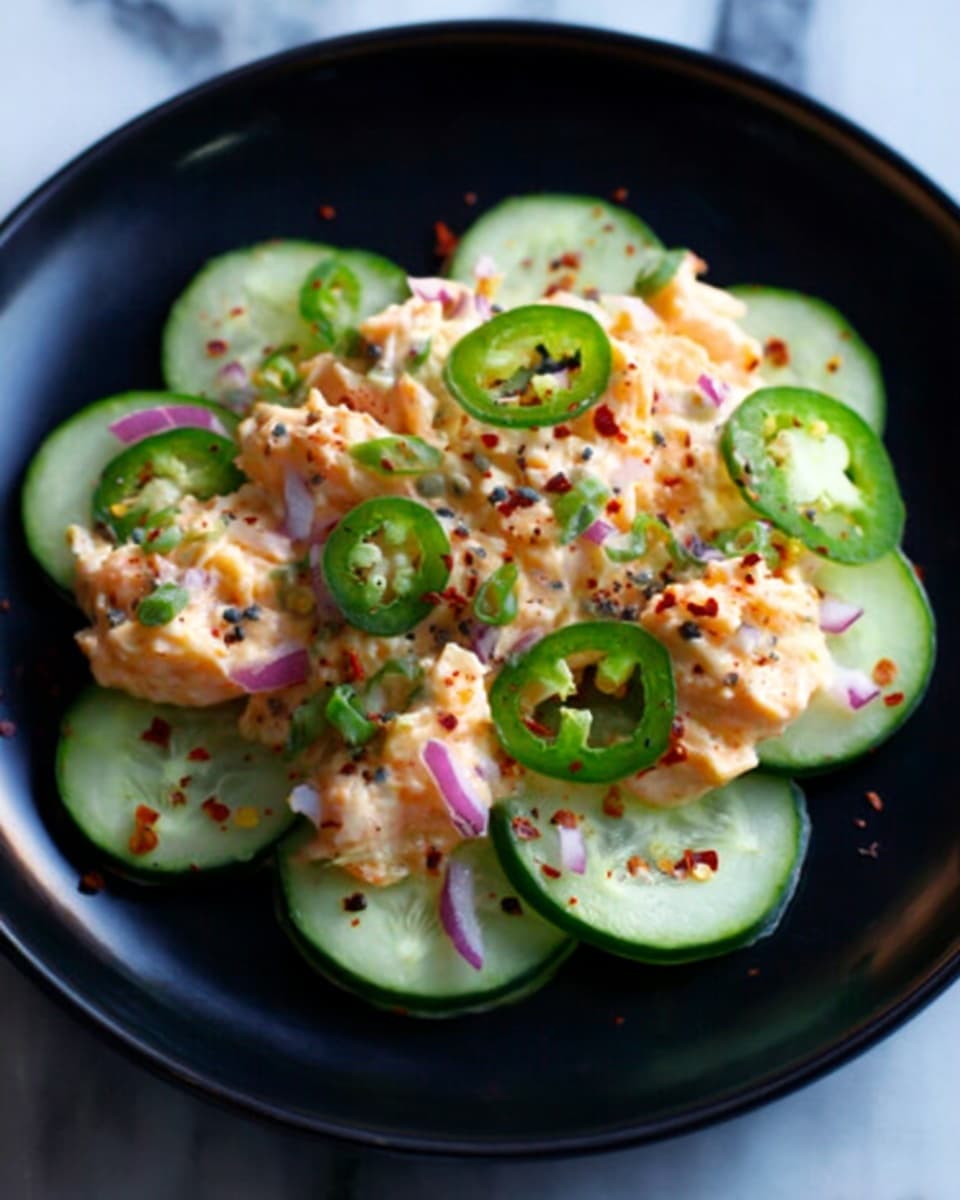 A white plate with a layer of thin cucumber slices arranged in a circle at the bottom, topped with a creamy mixture that looks like small pieces of seafood coated in a light orange sauce, scattered on top are small bits of chopped red onion and thin slices of green jalapeño peppers, sprinkled with red pepper flakes. The plate is set on a white marbled surface. Photo taken with an iphone --ar 4:5 --v 7