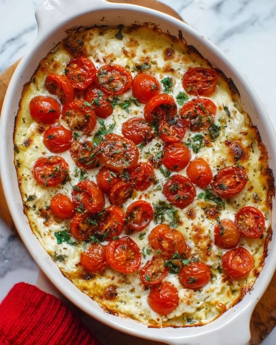A white oval baking dish filled with a baked casserole featuring a golden-brown top layer of melted cheese and roasted halved cherry tomatoes scattered evenly across the surface, with small green herbs sprinkled on top for color. Below the cheese and tomato layer, there is a creamy mixture visible around the edges, with hints of white and light yellow textures, likely soft cheese or sauce. The edges of the dish show slightly browned bits for a crispy contrast. The dish is placed on a white marbled surface, enhancing the vibrant red of the tomatoes and the creamy cheese beneath. Photo taken with an iphone --ar 4:5 --v 7