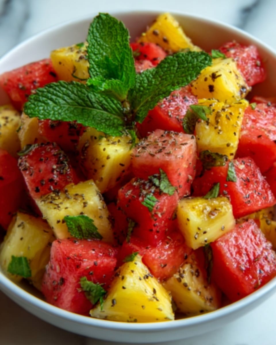 The image shows a white bowl filled with a fresh fruit salad consisting of roughly chopped watermelon and pineapple pieces. The watermelon chunks are bright red with a juicy, slightly grainy texture, while the pineapple pieces are yellow with a firm, fibrous texture. The fruit is sprinkled with small black chia seeds and finely chopped green mint leaves that add a pop of color and freshness on top. A couple of larger fresh mint leaves are placed in the center as garnish. The bowl is set on a white marbled surface, and the lighting highlights the vibrant colors and textures of the fruit, making the dish look refreshing and appetizing. Photo taken with an iphone --ar 4:5 --v 7